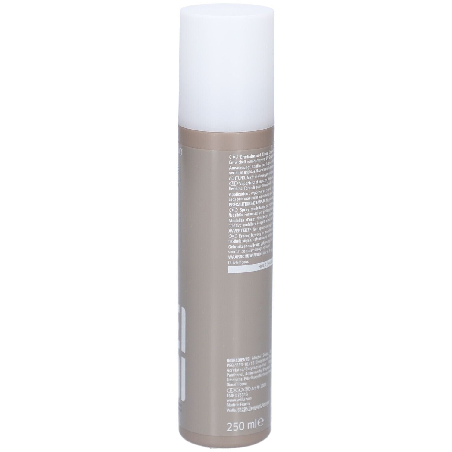 Flacon cylindrique avec bouchon blanc. Inscription : EIMI Flexible Finish. Marque : Wella. Volume : 250 ml.