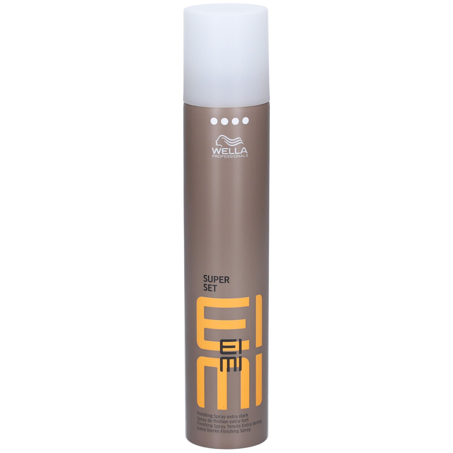 Bombe de laque avec bouchon blanc. Inscription: EIMI, SUPER SET, Wella.