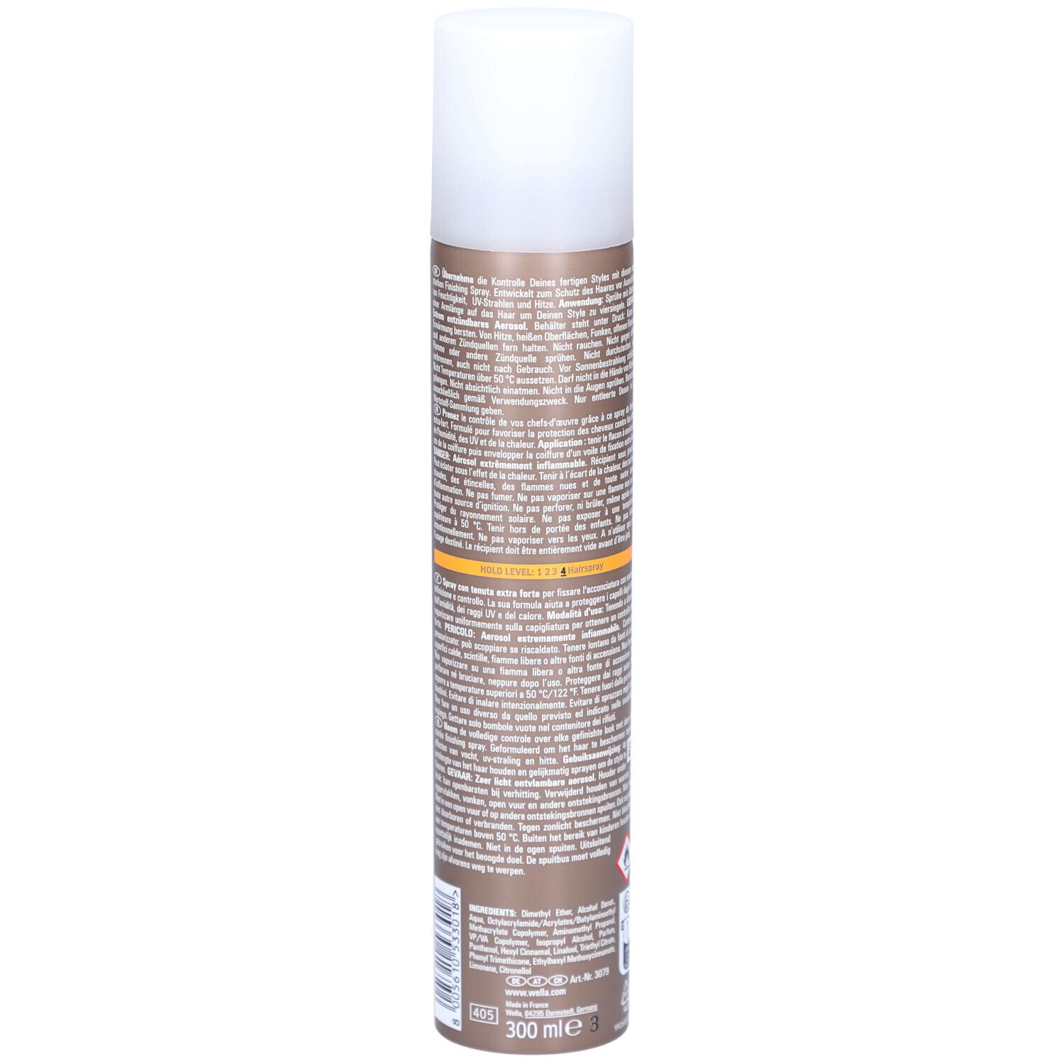 Bombe de laque, dos. Texte multilingue. Indication de volume: 300 ml.