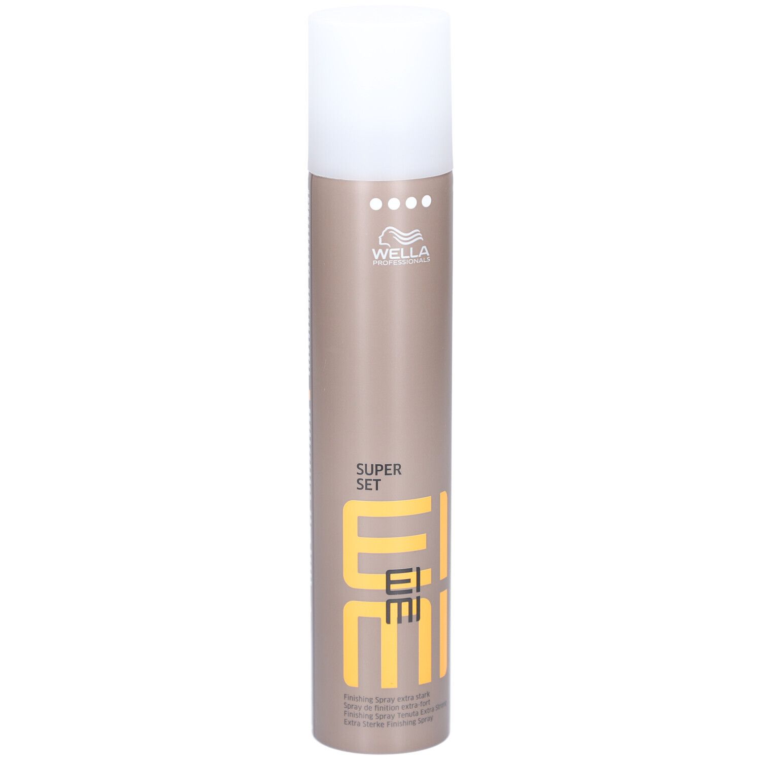 Bombe de laque avec bouchon blanc. Inscription: EIMI, SUPER SET, Wella.