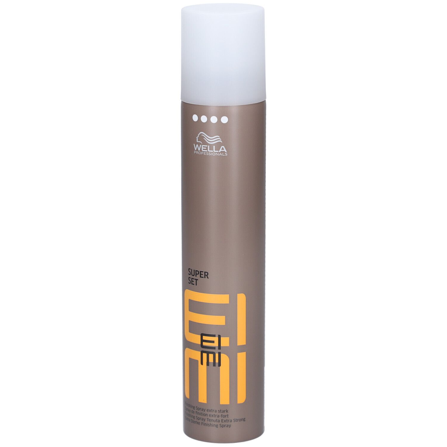 Bombe de laque avec bouchon blanc. Inscription: EIMI, SUPER SET, Wella.