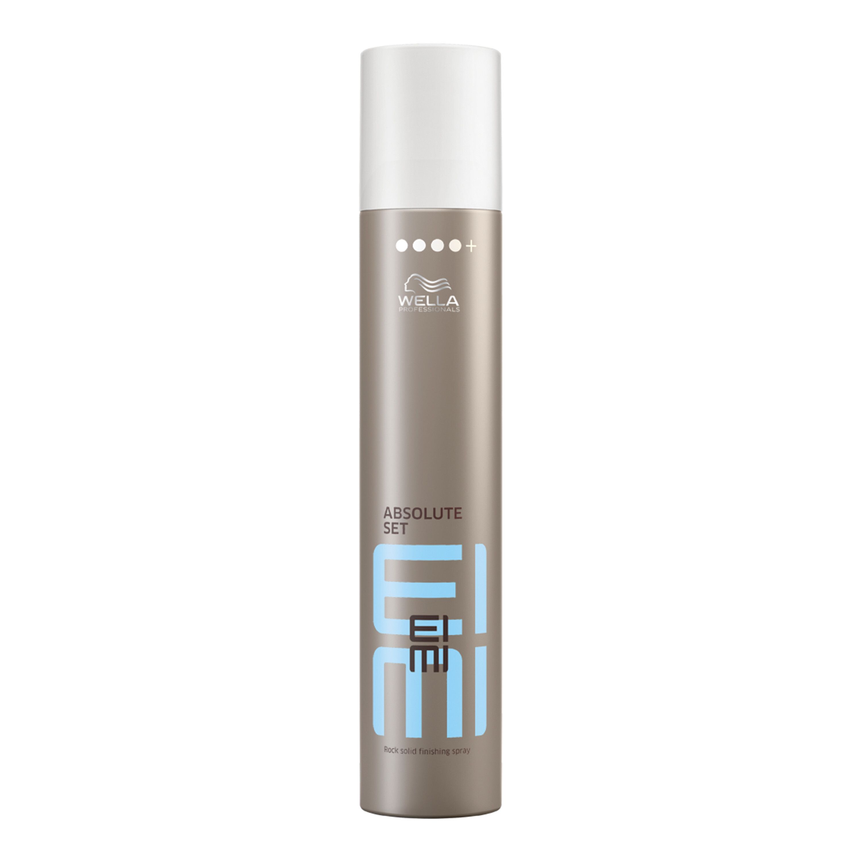 Flacon de laque pour cheveux. Cylindrique, marron avec bouchon blanc. Inscription : EIMI, ABSOLUTE SET. Marque : Wella.
