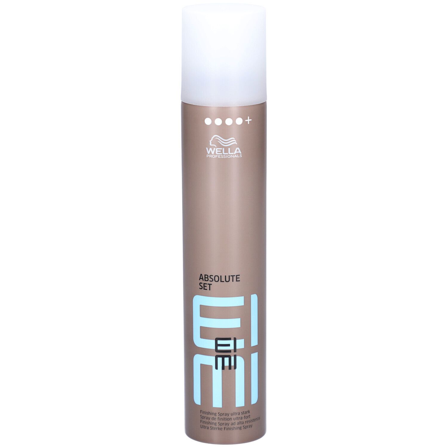 Flacon de laque pour cheveux. Cylindrique, marron avec bouchon blanc. Inscription : EIMI, ABSOLUTE SET. Marque : Wella.