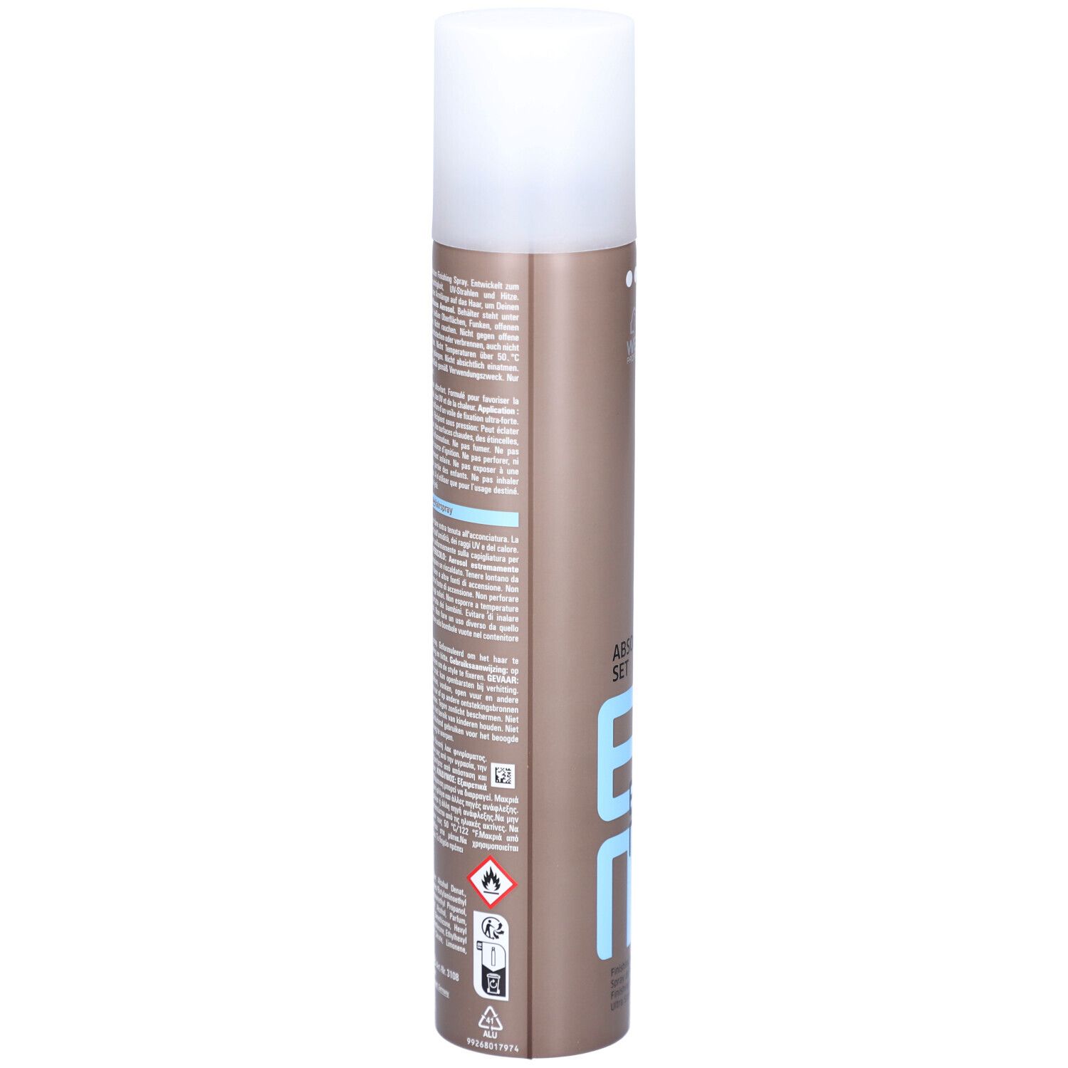 Flacon de laque pour cheveux. Dos avec texte. Cylindrique, marron avec bouchon blanc. Marque : Wella.