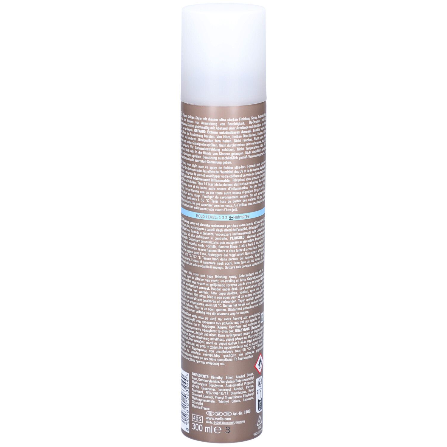Flacon de laque pour cheveux. Dos avec texte. Cylindrique, marron avec bouchon blanc. Marque : Wella.