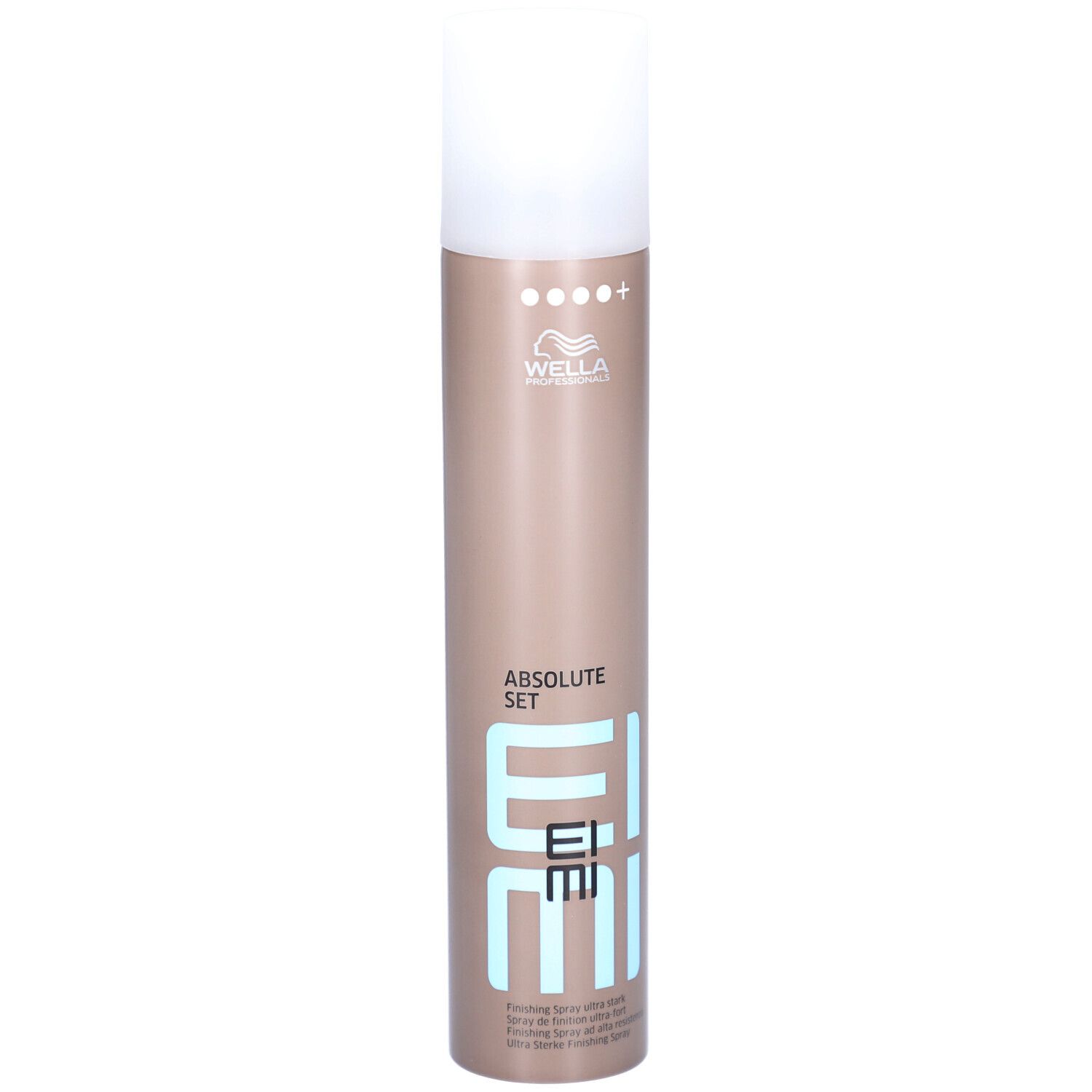 Flacon de laque pour cheveux. Cylindrique, marron avec bouchon blanc. Inscription : EIMI, ABSOLUTE SET. Marque : Wella.