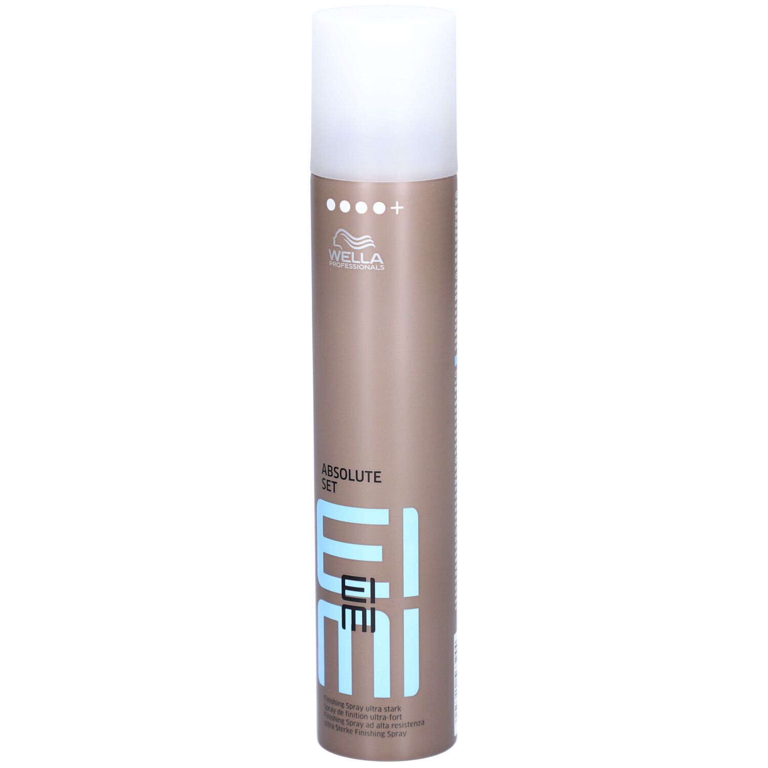 Flacon de laque pour cheveux. Cylindrique, marron avec bouchon blanc. Inscription : EIMI, ABSOLUTE SET. Marque : Wella.