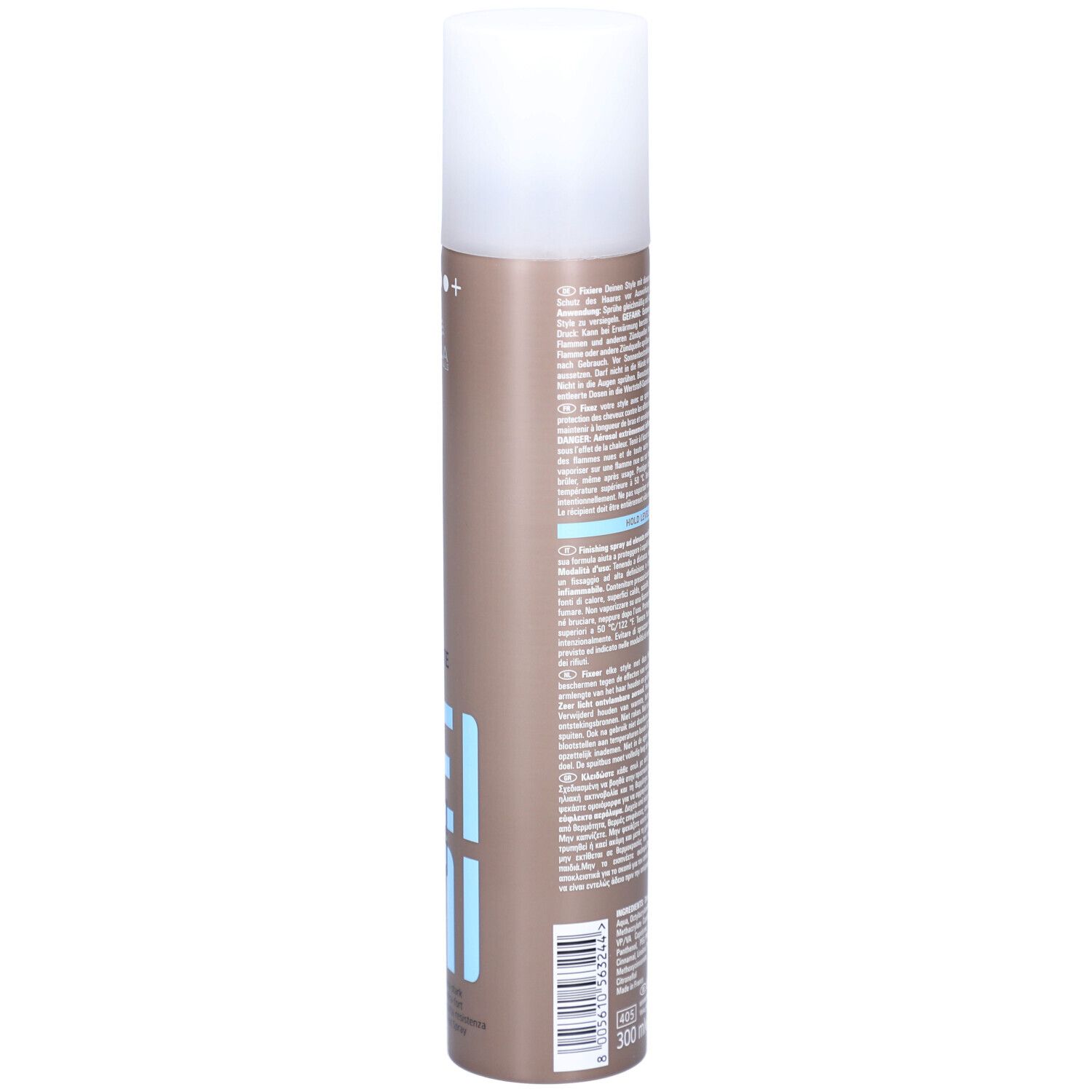 Flacon de laque pour cheveux. Dos avec texte. Cylindrique, marron avec bouchon blanc. Marque : Wella.