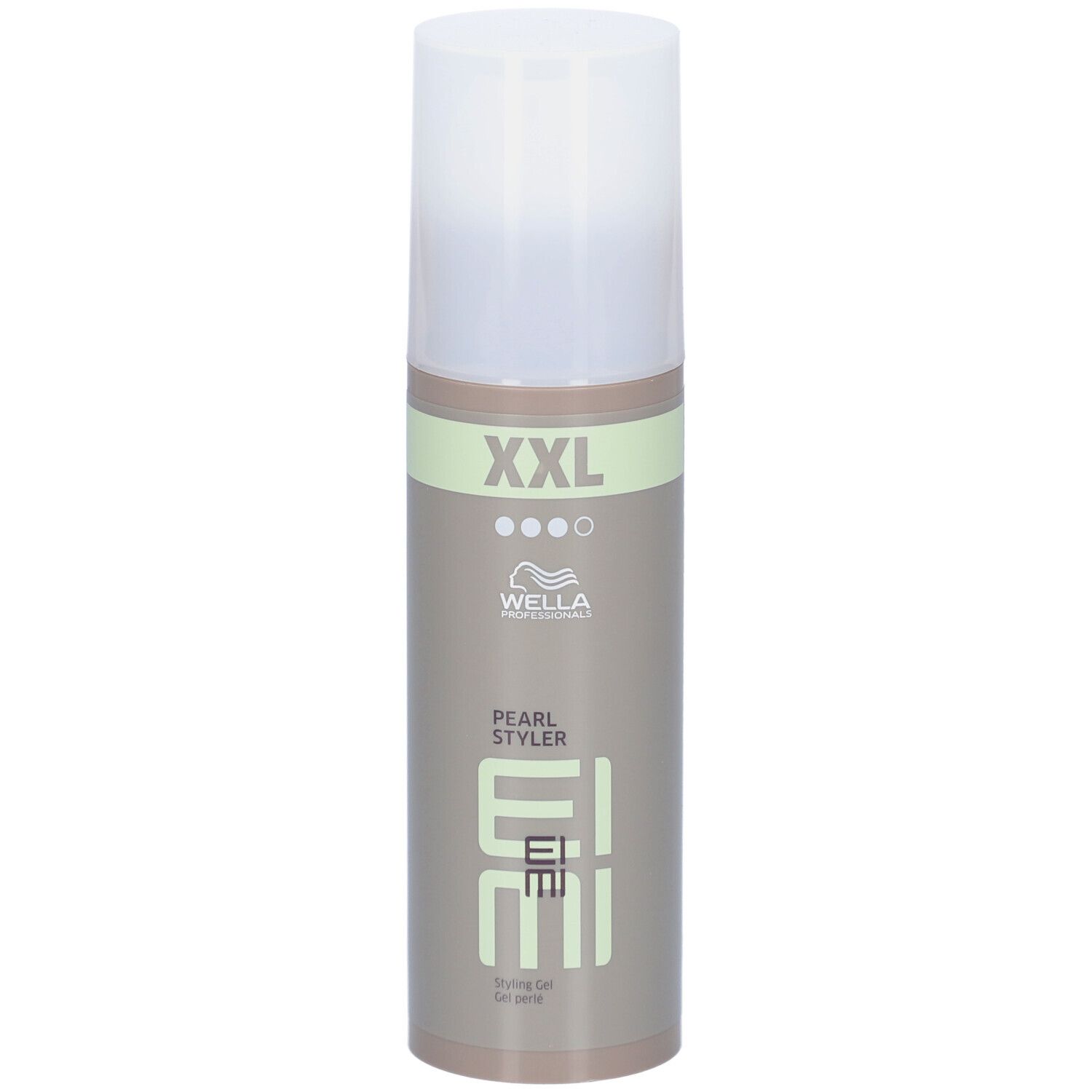 Flacon Wella Professionals EIMI Pearl Styler. Bande verte "XXL". Nom du produit et logo visibles.