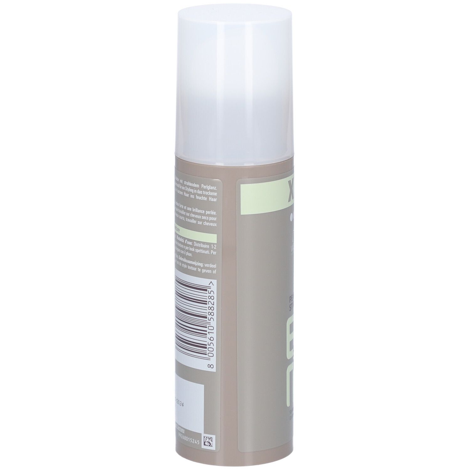 Flacon Wella Professionals EIMI Pearl Styler. Dos avec code-barres et texte. Tons bruns et blancs.