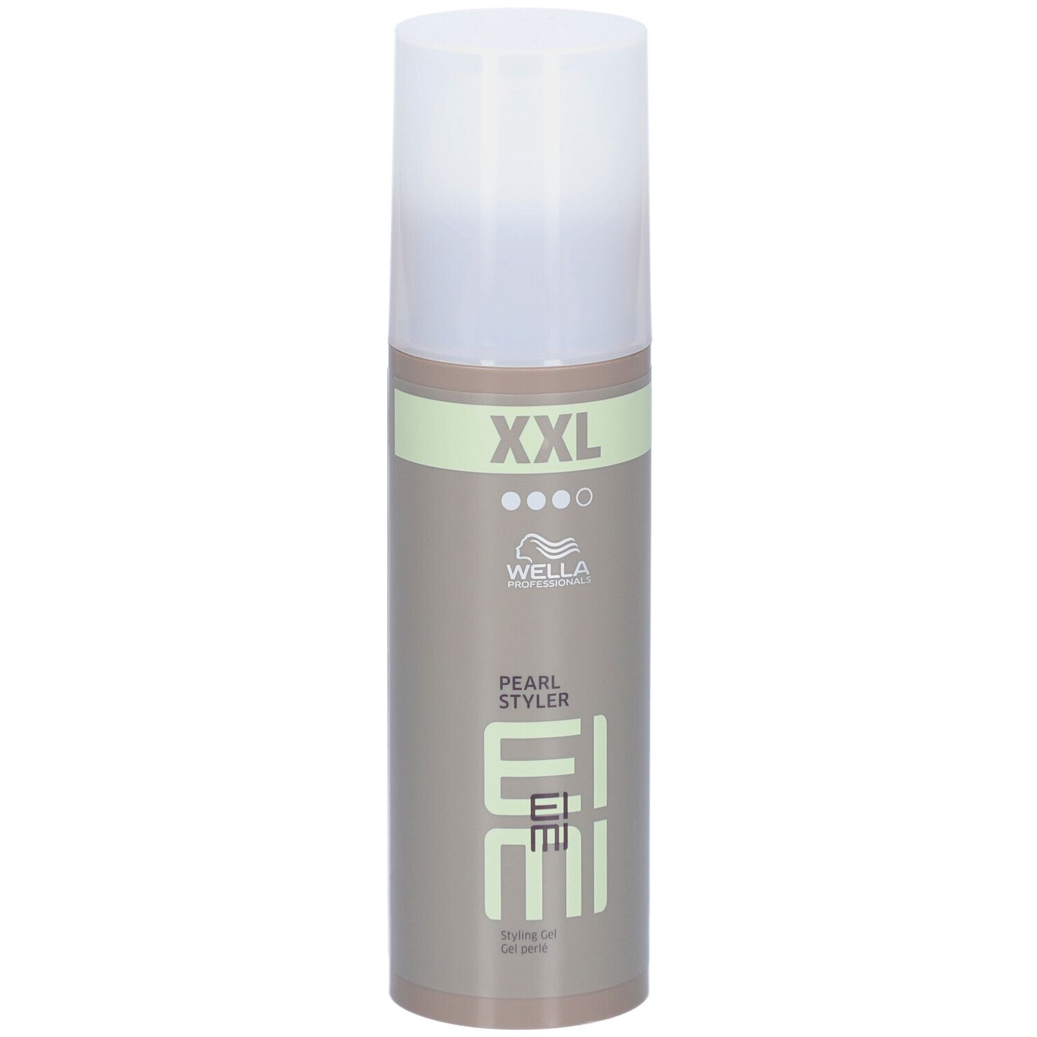 Flacon Wella Professionals EIMI Pearl Styler. Bande verte "XXL". Nom du produit et logo visibles.