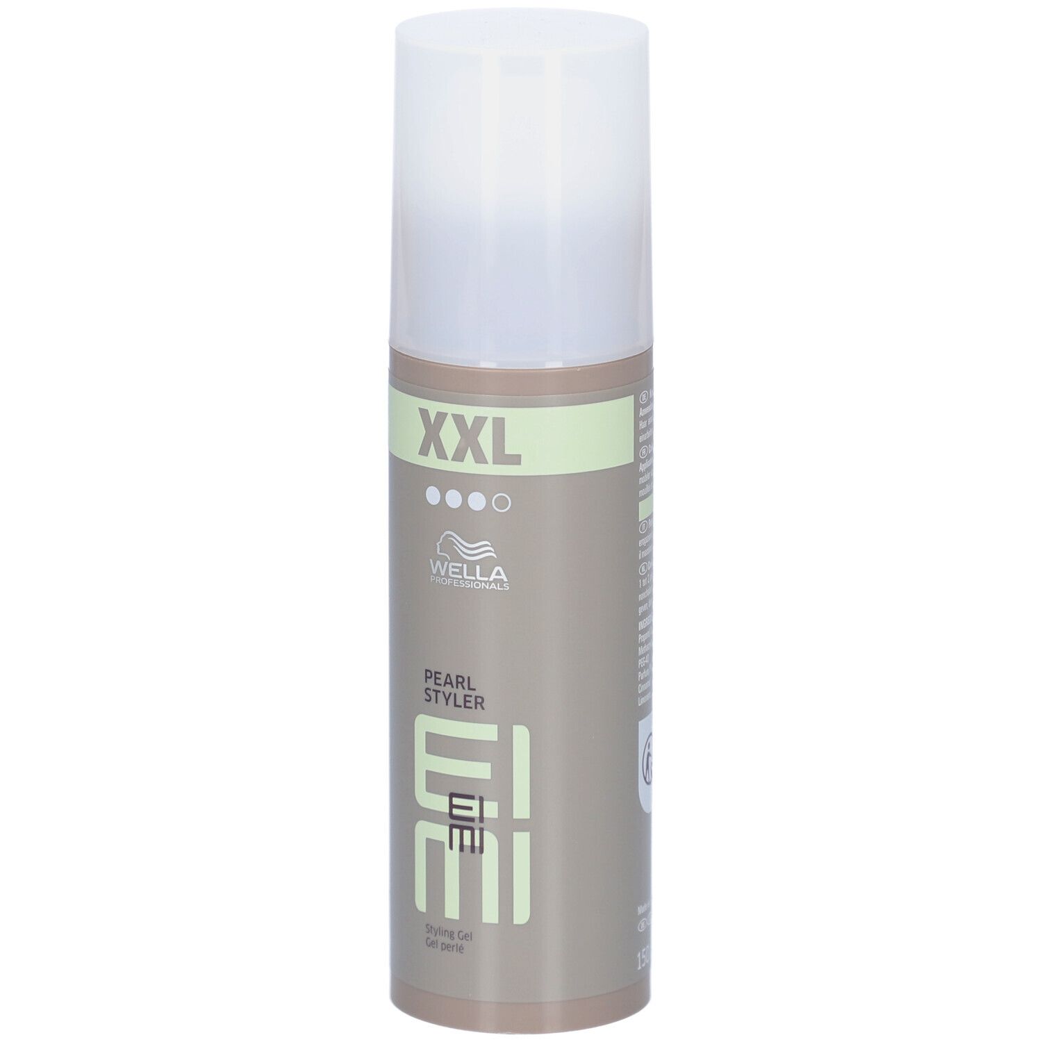 Flacon Wella Professionals EIMI Pearl Styler. Bande verte "XXL". Nom du produit et logo visibles.