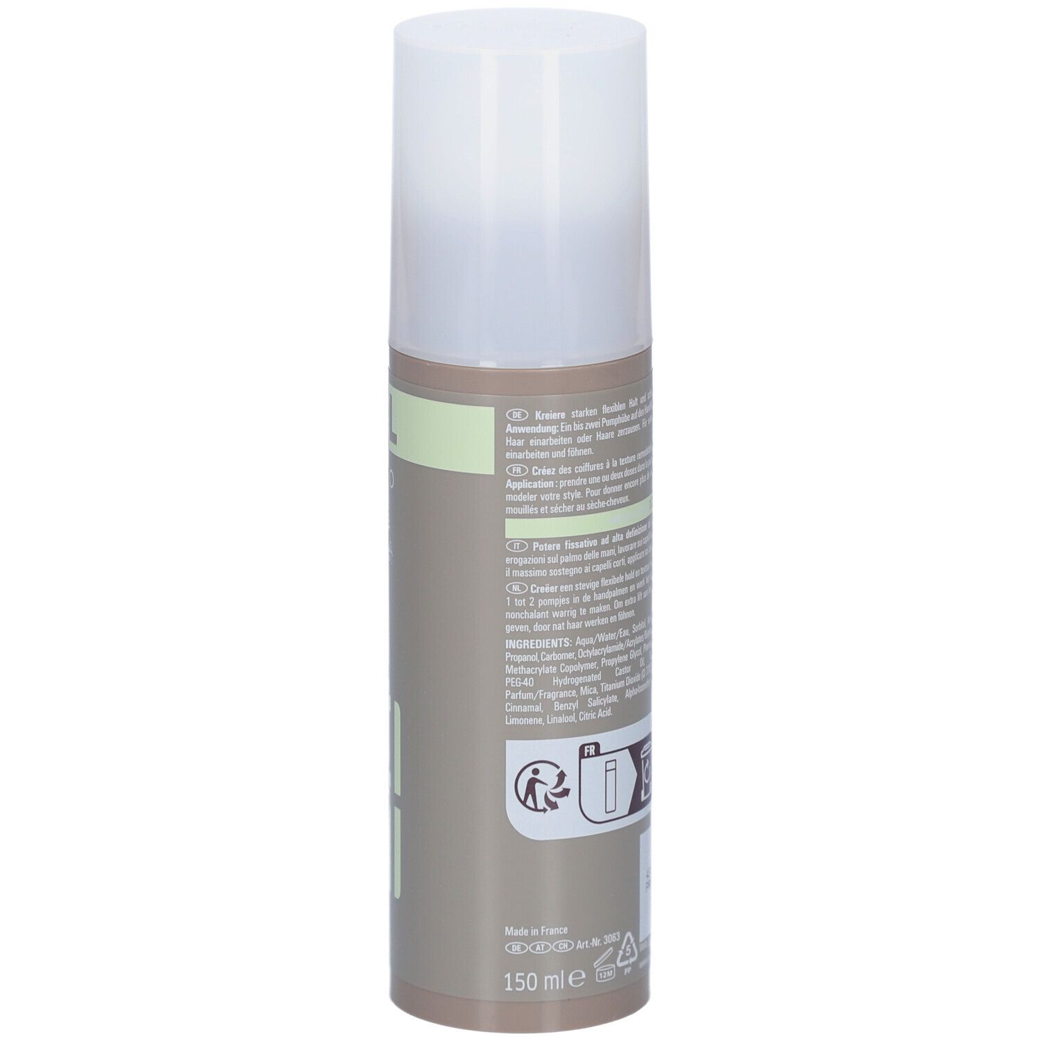 Flacon Wella Professionals EIMI Pearl Styler. Dos avec texte, ingrédients et volume 150ml.