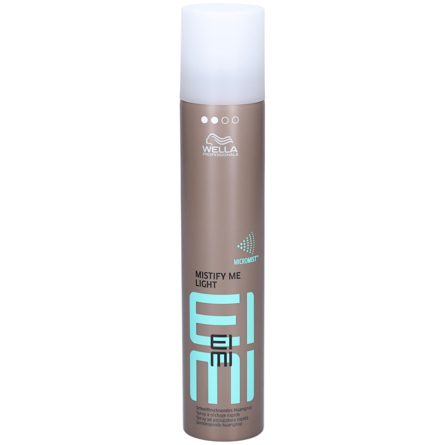 Flacon de laque pour cheveux avec bouchon blanc. Inscription : MISTIFY ME LIGHT, EIMI, WELLA. Boîte marron avec des accents turquoise.