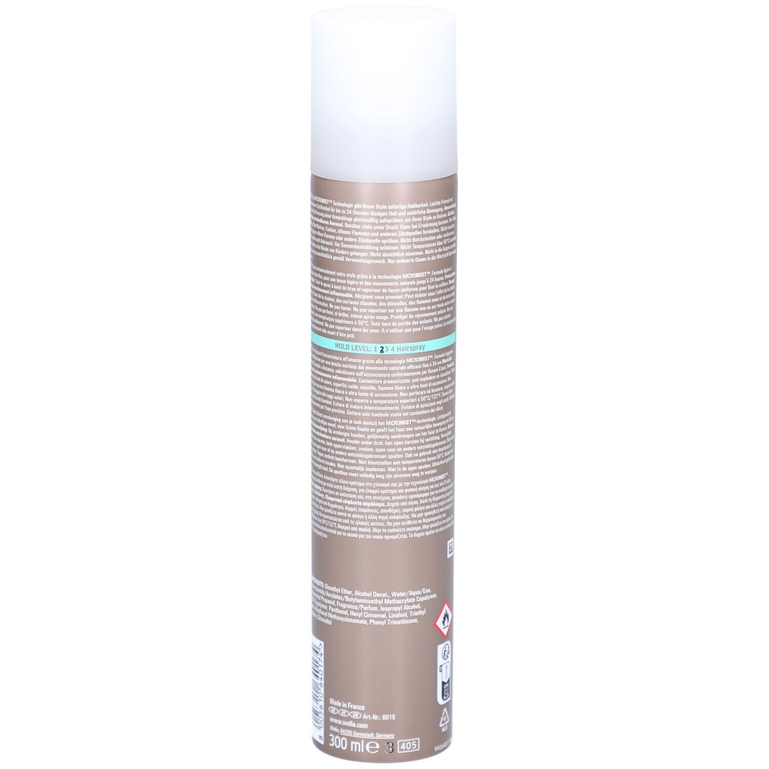 Dos du flacon de laque. Texte en plusieurs langues. Boîte marron avec bouchon blanc. Indication de volume : 300 ml.