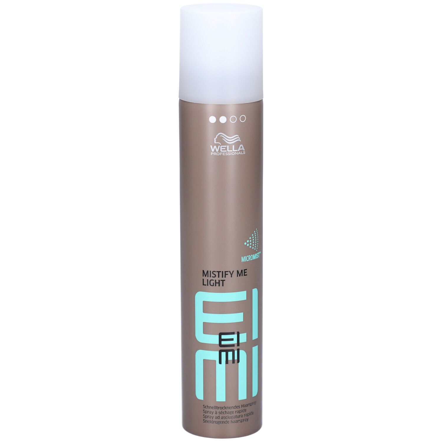 Flacon de laque pour cheveux avec bouchon blanc. Inscription : MISTIFY ME LIGHT, EIMI, WELLA. Boîte marron avec des accents turquoise.