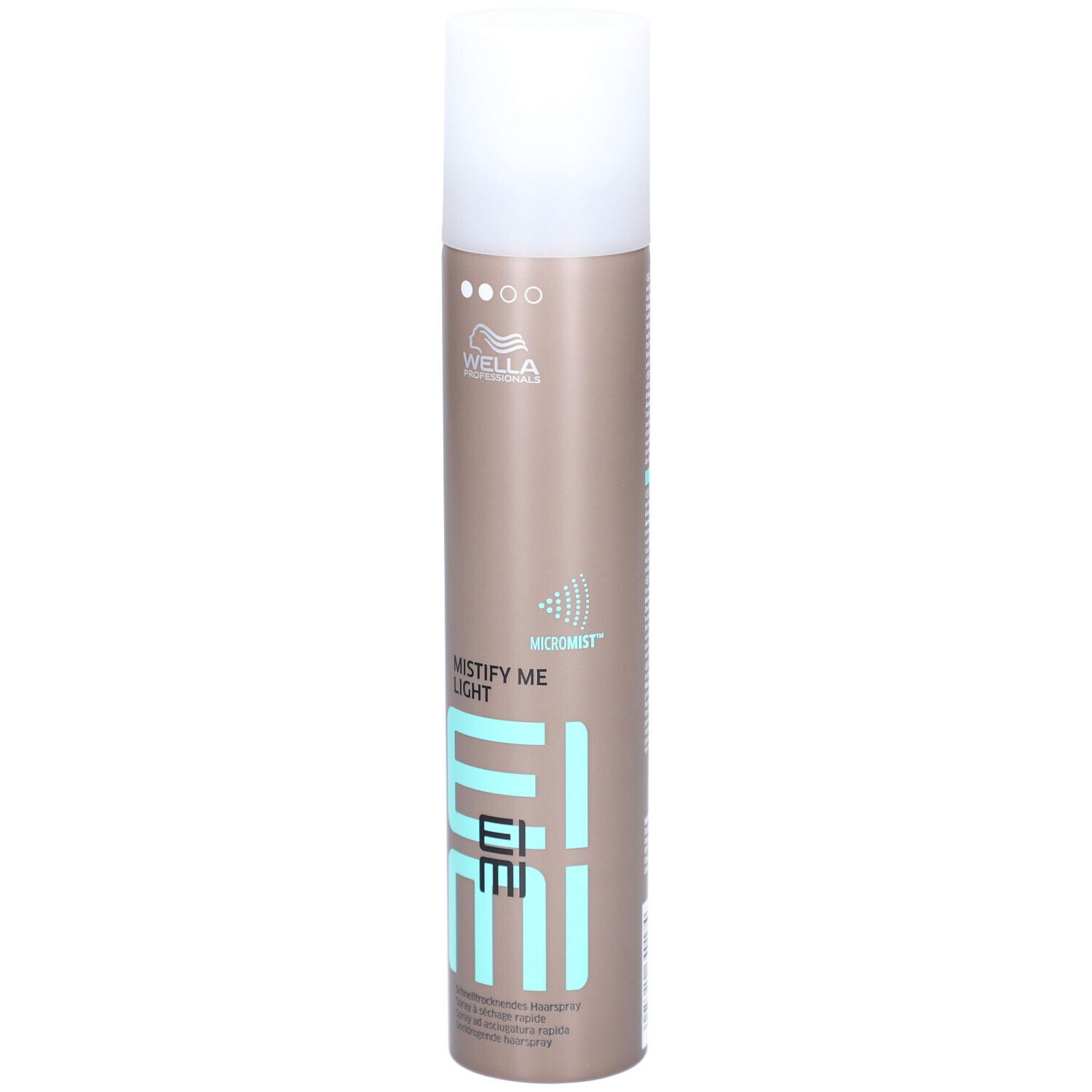 Flacon de laque pour cheveux avec bouchon blanc. Inscription : MISTIFY ME LIGHT, EIMI, WELLA. Boîte marron avec des accents turquoise.