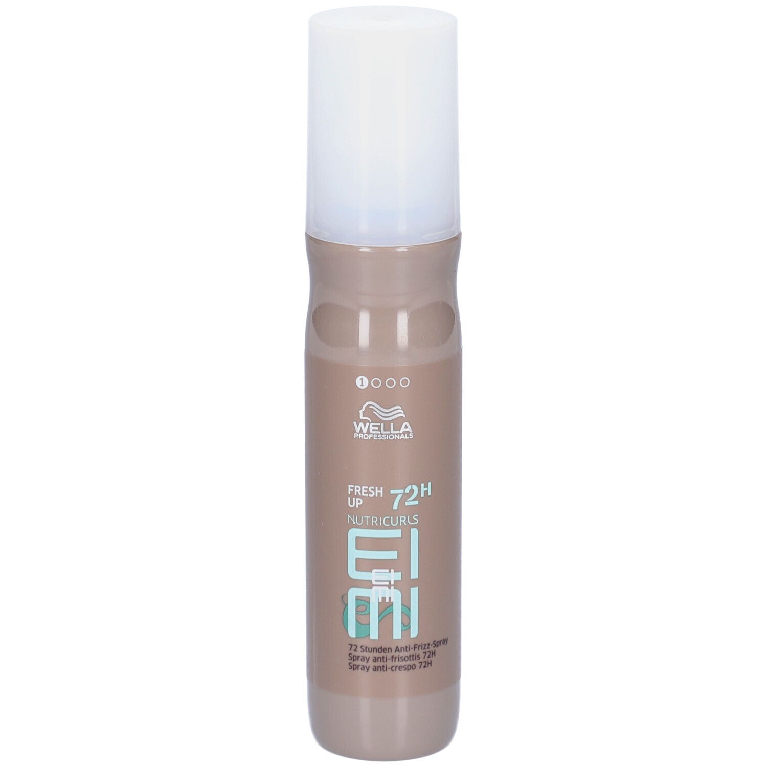 Flacon de spray capillaire. Flacon brun clair avec bouchon blanc. Inscription : Wella Professionals EIMI Nutricurls Fresh Up 72H Anti-Frizz Spray.