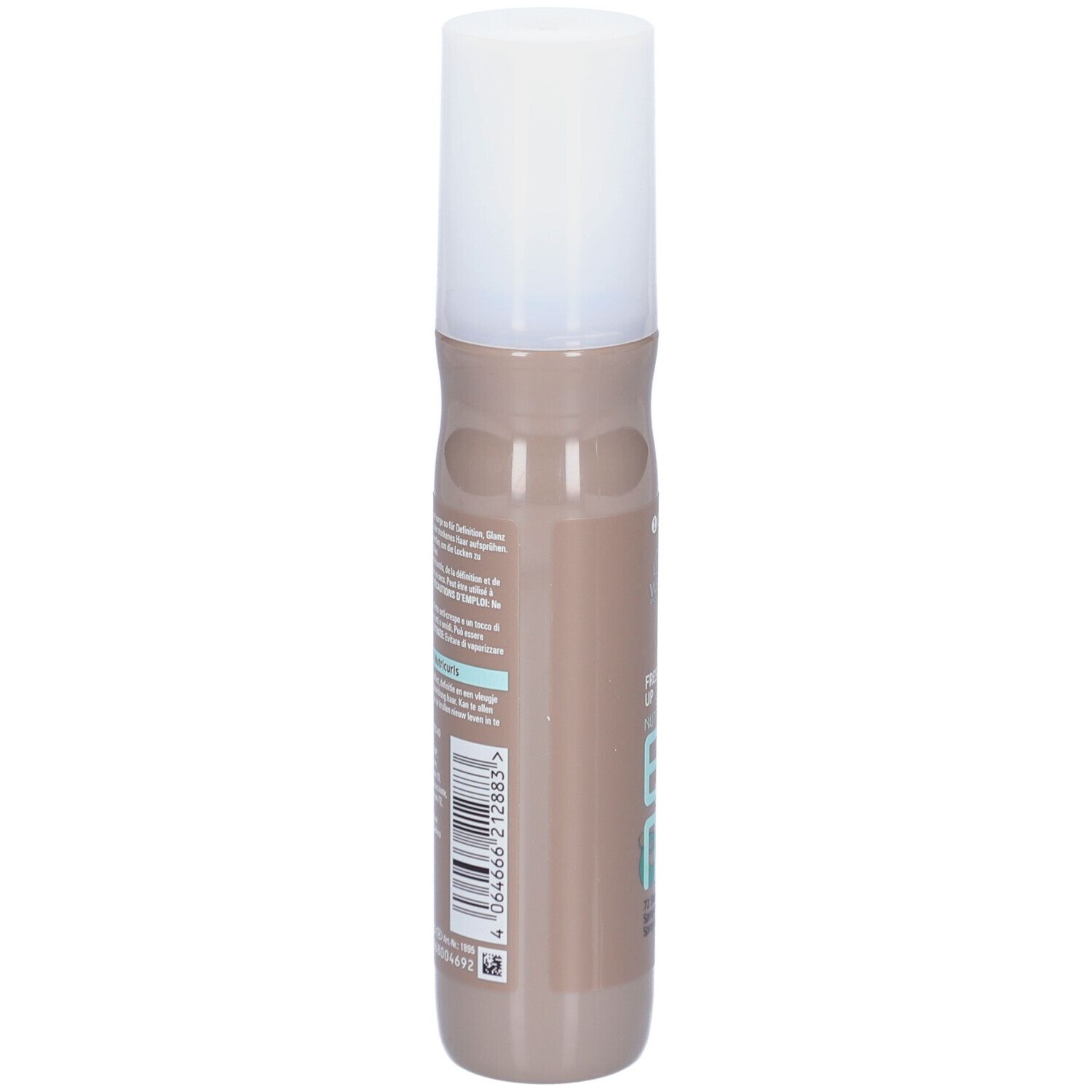Dos du flacon de spray capillaire. Flacon brun clair avec bouchon blanc. Texte et code-barres.
