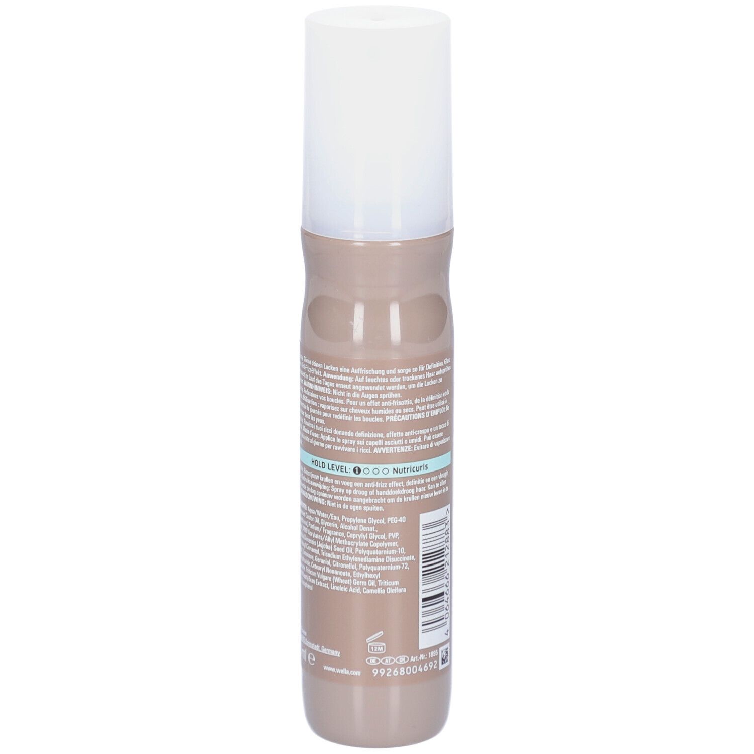 Dos du flacon de spray capillaire. Flacon brun clair avec bouchon blanc. Texte et code-barres.