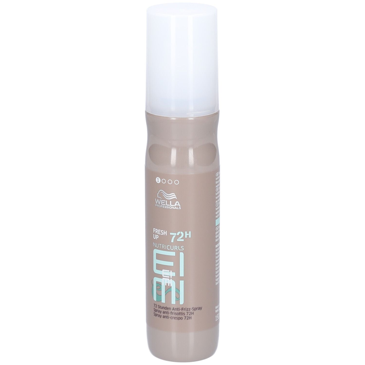 Flacon de spray capillaire. Flacon brun clair avec bouchon blanc. Inscription : Wella Professionals EIMI Nutricurls Fresh Up 72H Anti-Frizz Spray.