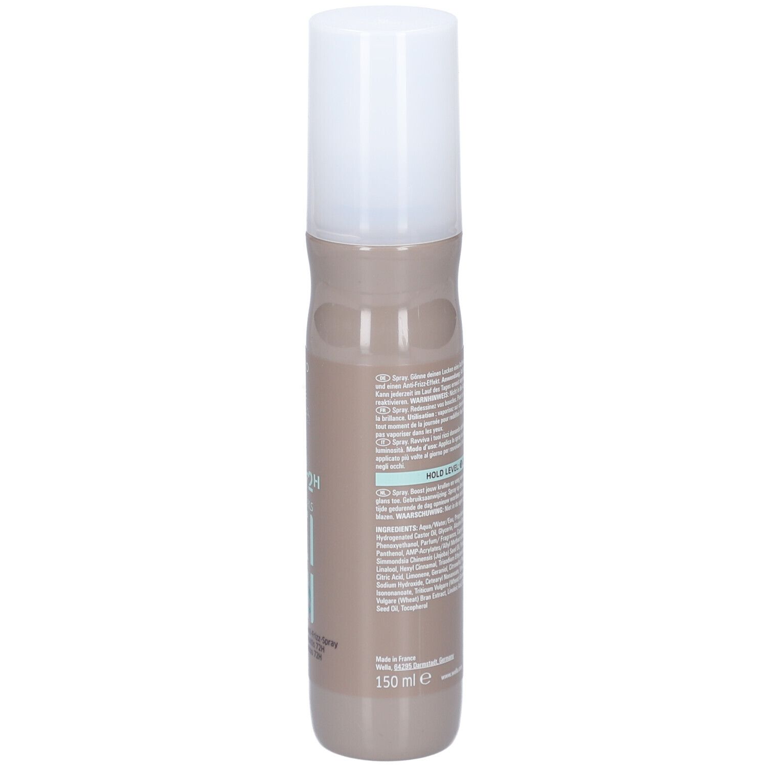 Flacon de spray capillaire. Flacon brun clair avec bouchon blanc. Inscription : Wella Professionals EIMI Nutricurls Fresh Up 72H Anti-Frizz Spray. 150 ml.