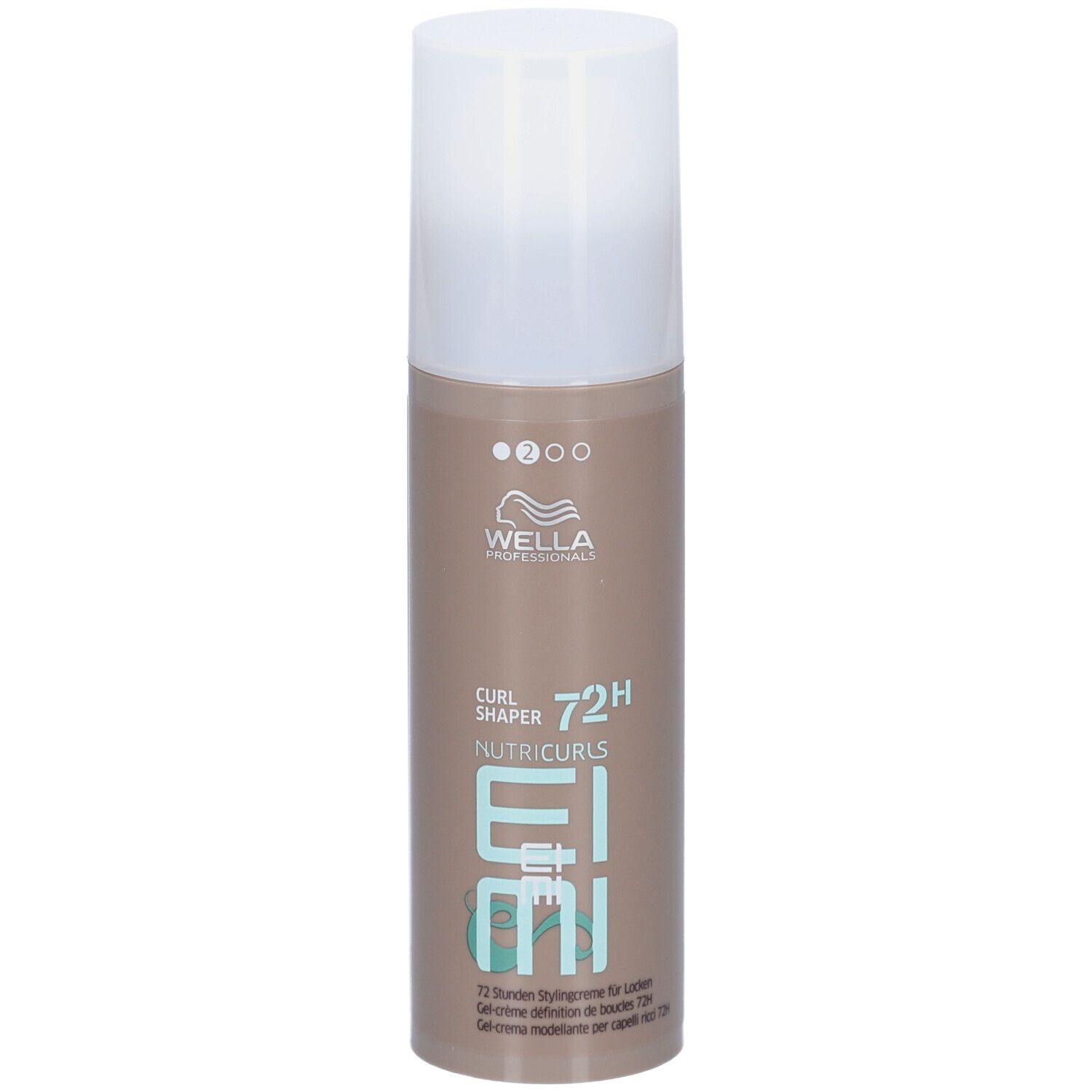 Flacon cylindrique avec bouchon blanc. Inscriptions : Wella Professionals, EIMI Nutricurls, Curl Shaper 72H.