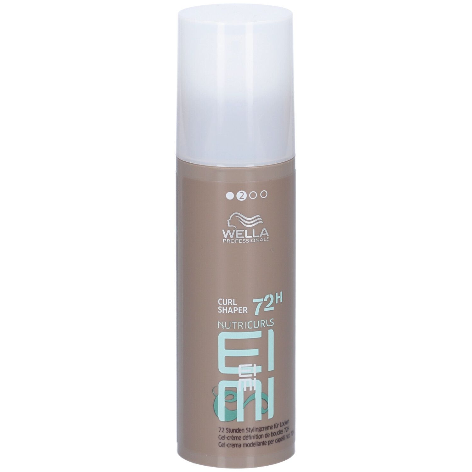 Flacon cylindrique avec bouchon blanc. Inscriptions : Wella Professionals, EIMI Nutricurls, Curl Shaper 72H.