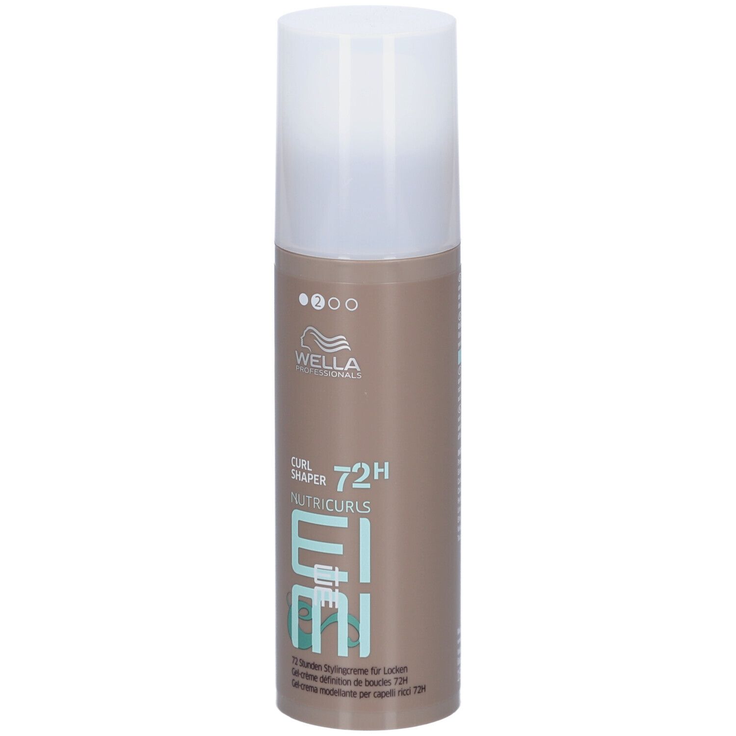 Flacon cylindrique avec bouchon blanc. Inscriptions : Wella Professionals, EIMI Nutricurls, Curl Shaper 72H.