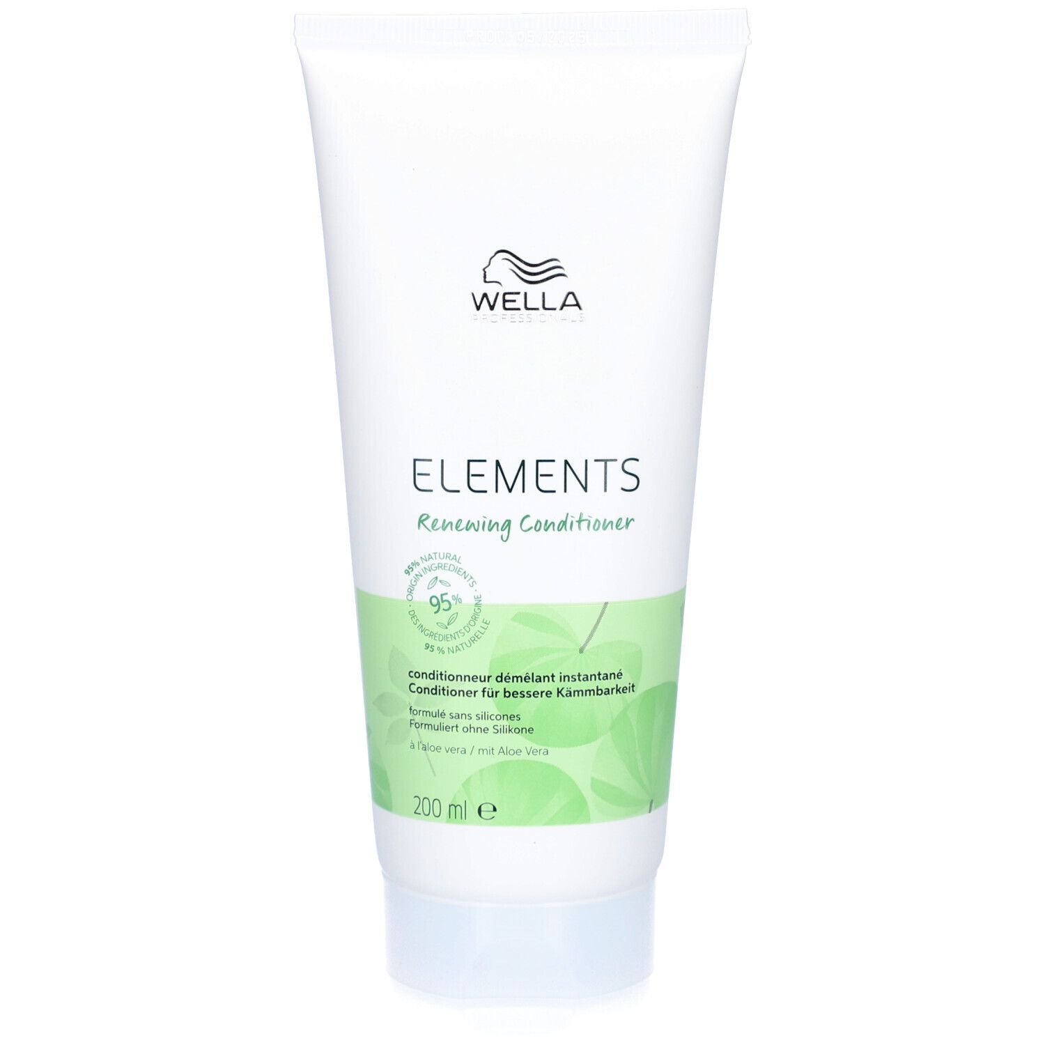 Tube blanc avec étiquette verte. Inscription: Wella Elements Renewing Conditioner. 95% ingrédients d'origine naturelle.