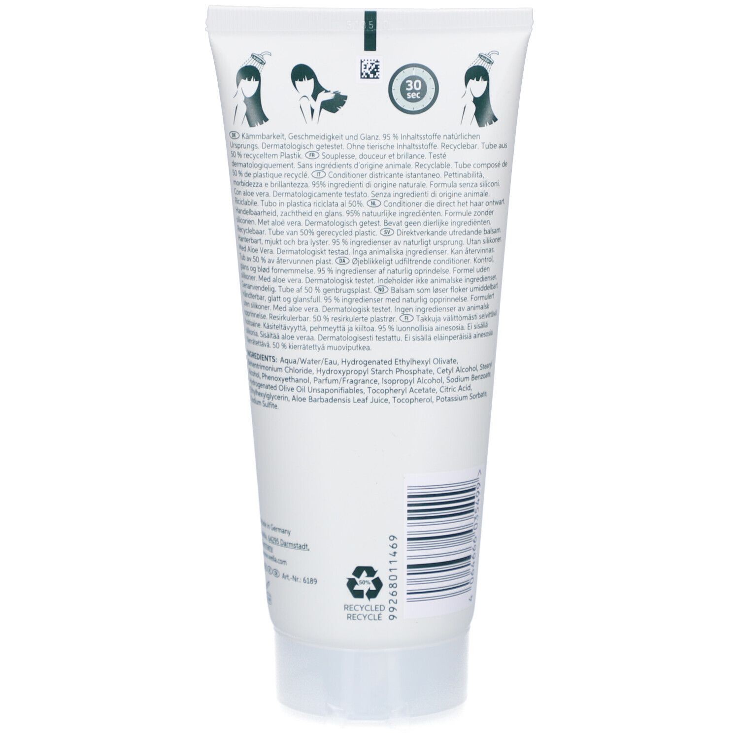 Dos d'un tube blanc. Texte multilingue. Symbole de recyclage. Instructions d'utilisation en 30 secondes.