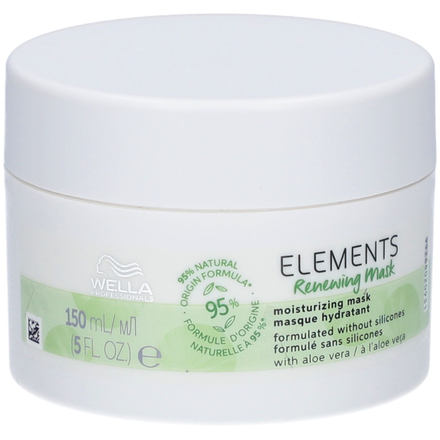 Pot blanc avec couvercle. Inscription: ELEMENTS Renewing Mask, 95% ingrédients naturels. Étiquettes vertes et blanches.