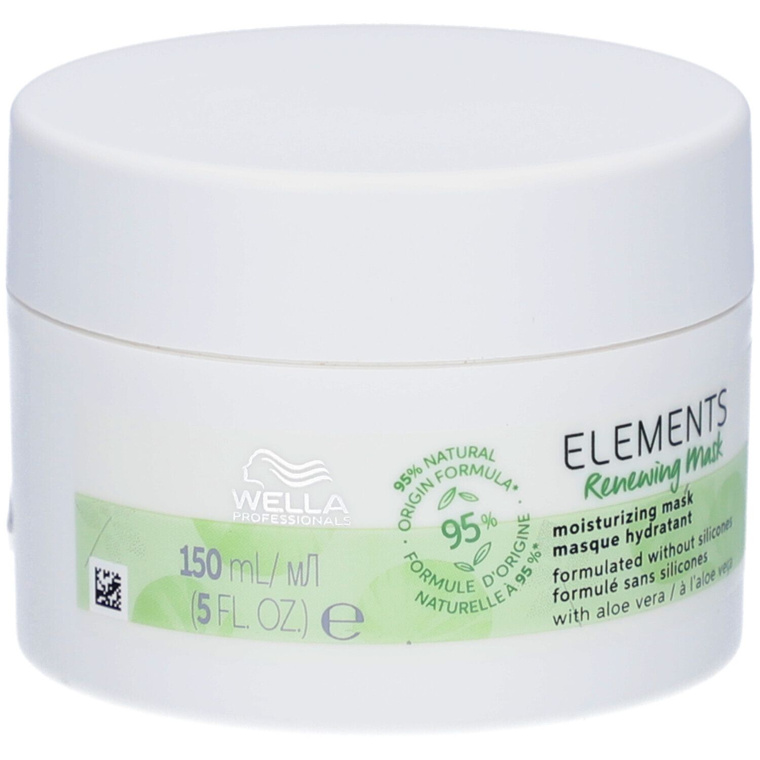 Pot blanc avec couvercle. Inscription: ELEMENTS Renewing Mask, 95% ingrédients naturels. Étiquettes vertes et blanches.