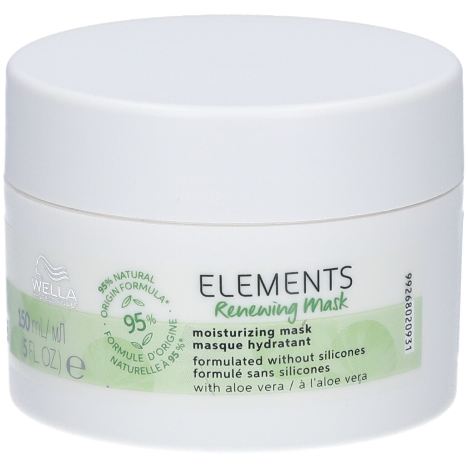 Pot blanc avec couvercle. Inscription: ELEMENTS Renewing Mask, 95% ingrédients naturels. Étiquettes vertes et blanches.