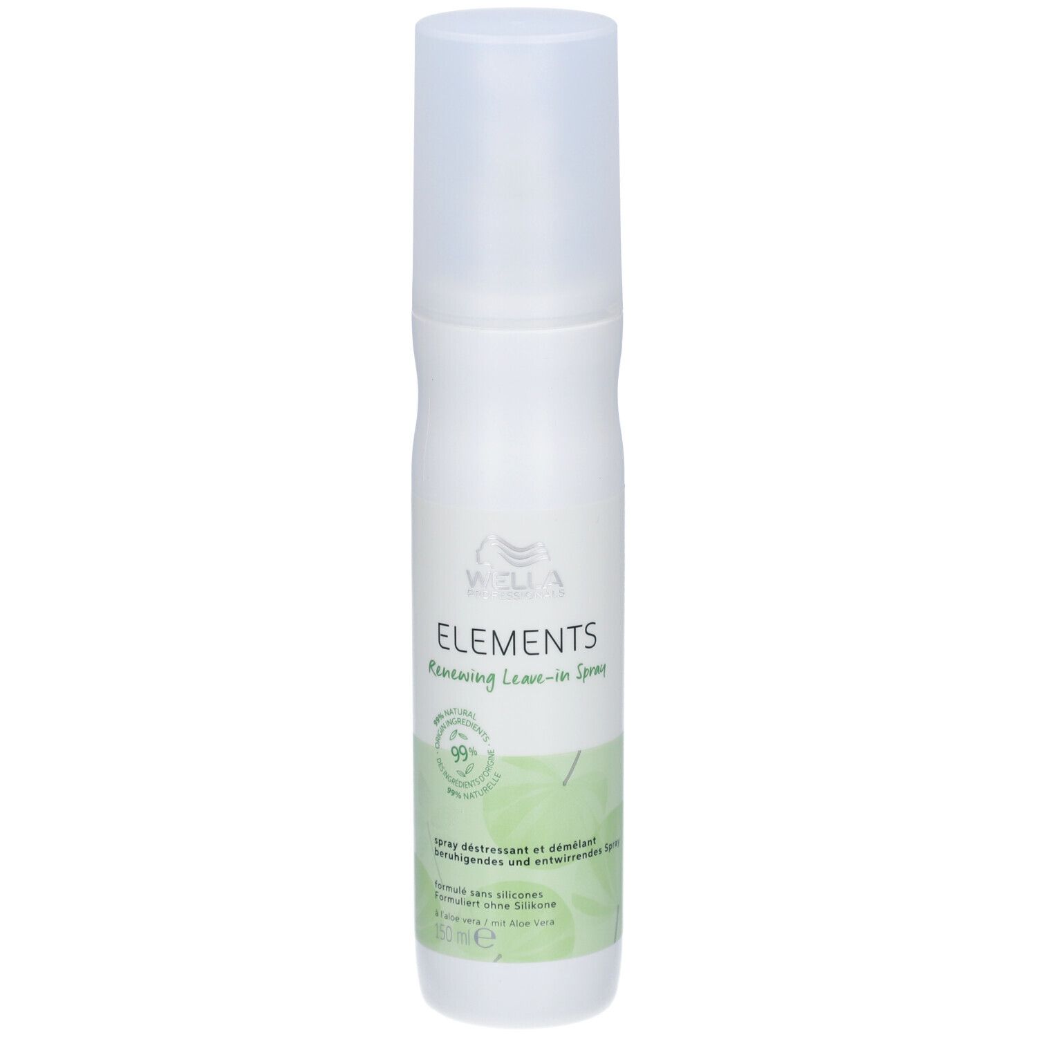 Flacon spray blanc avec étiquette verte. Inscription : ELEMENTS Renewing Leave-in Spray. 99% ingrédients d'origine naturelle.
