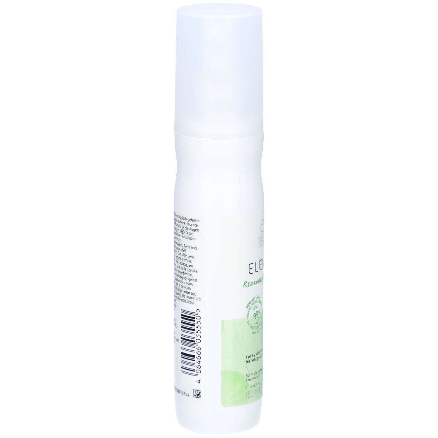 Flacon spray blanc, dos avec texte et code-barres. Inscription : ELEMENTS Renewing Leave-in Spray. 99% ingrédients naturels.