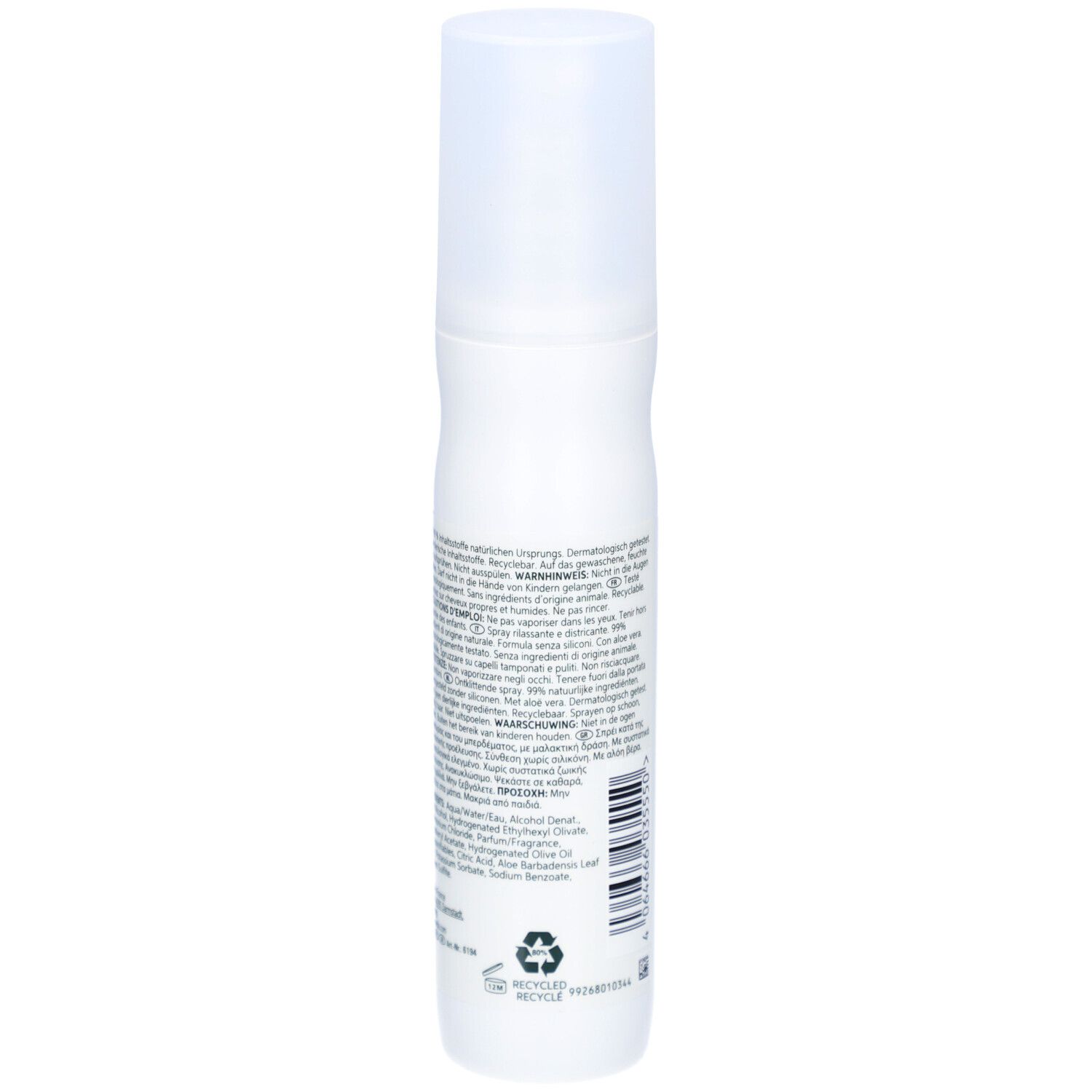 Flacon spray blanc, dos avec texte et code-barres. Inscription : ELEMENTS Renewing Leave-in Spray. 99% ingrédients naturels.