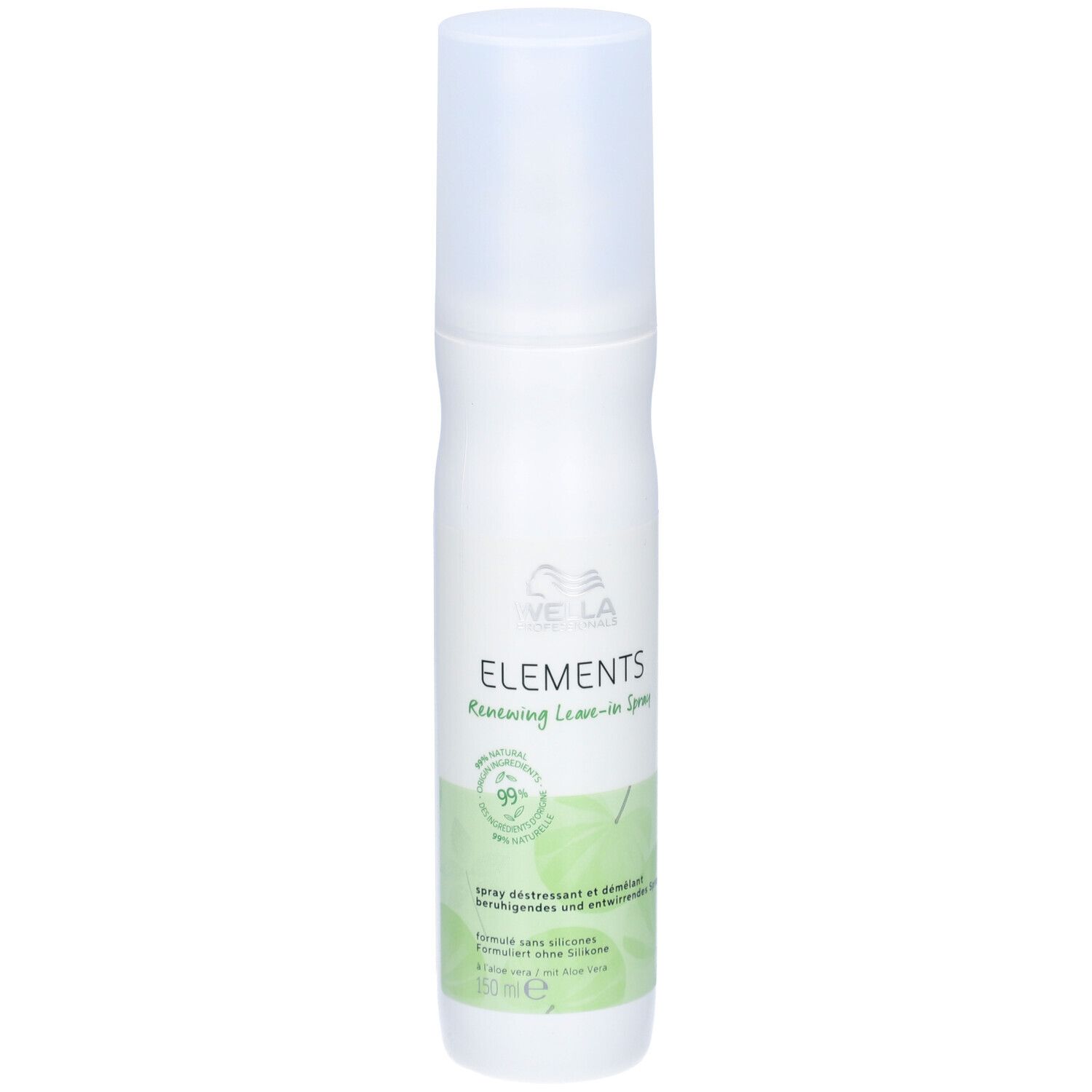 Flacon spray blanc avec étiquette verte. Inscription : ELEMENTS Renewing Leave-in Spray. 99% ingrédients d'origine naturelle.