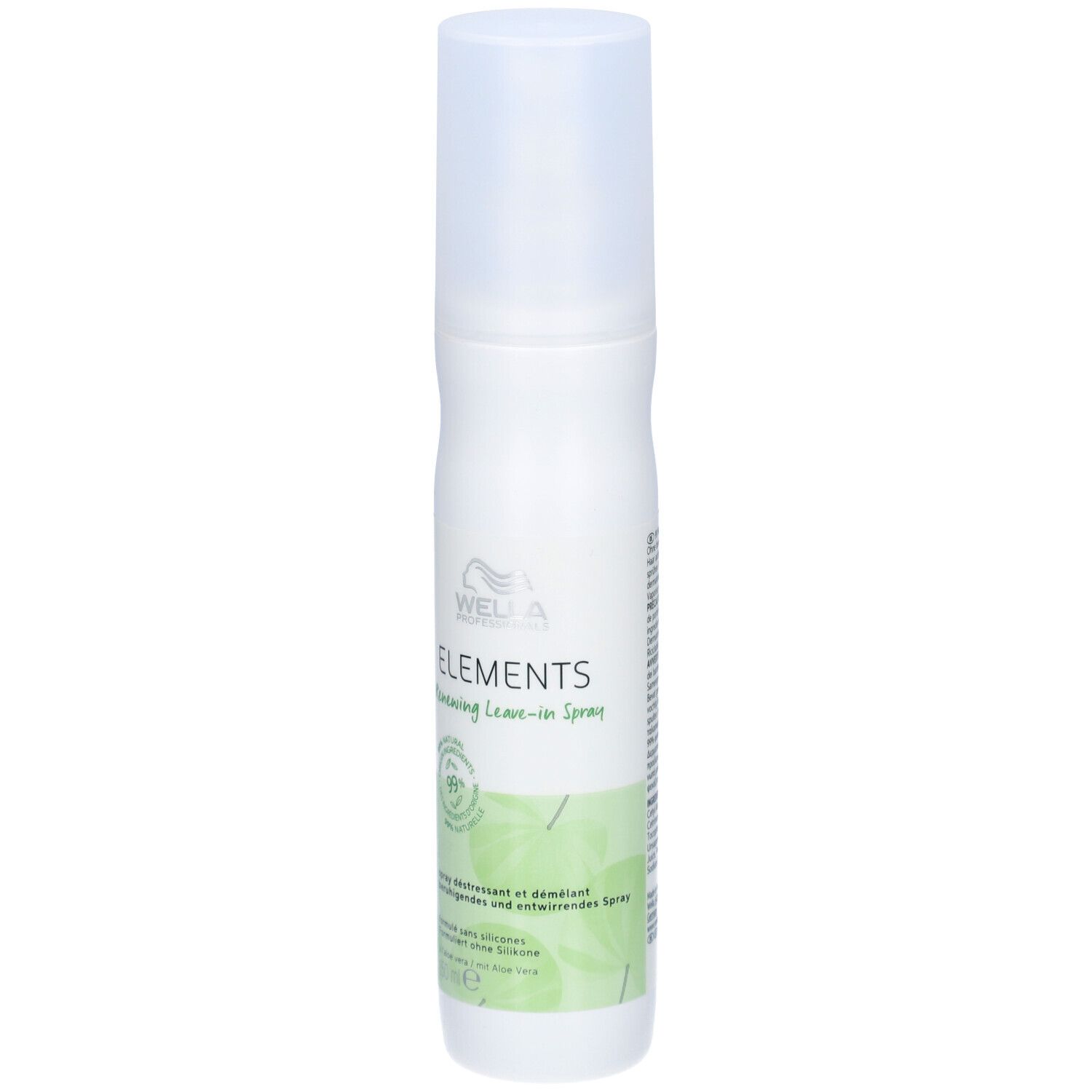 Flacon spray blanc avec étiquette verte. Inscription : ELEMENTS Renewing Leave-in Spray. 99% ingrédients d'origine naturelle.