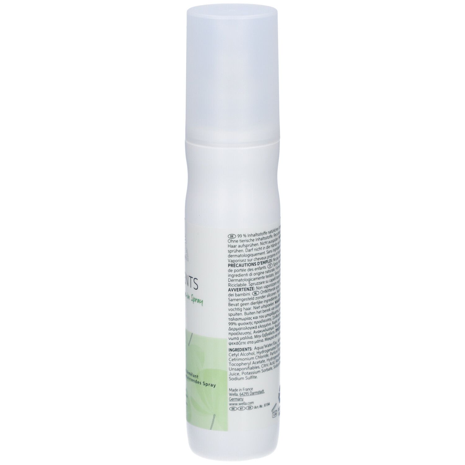 Flacon spray blanc, dos avec texte et code-barres. Inscription : ELEMENTS Renewing Leave-in Spray. 99% ingrédients naturels.