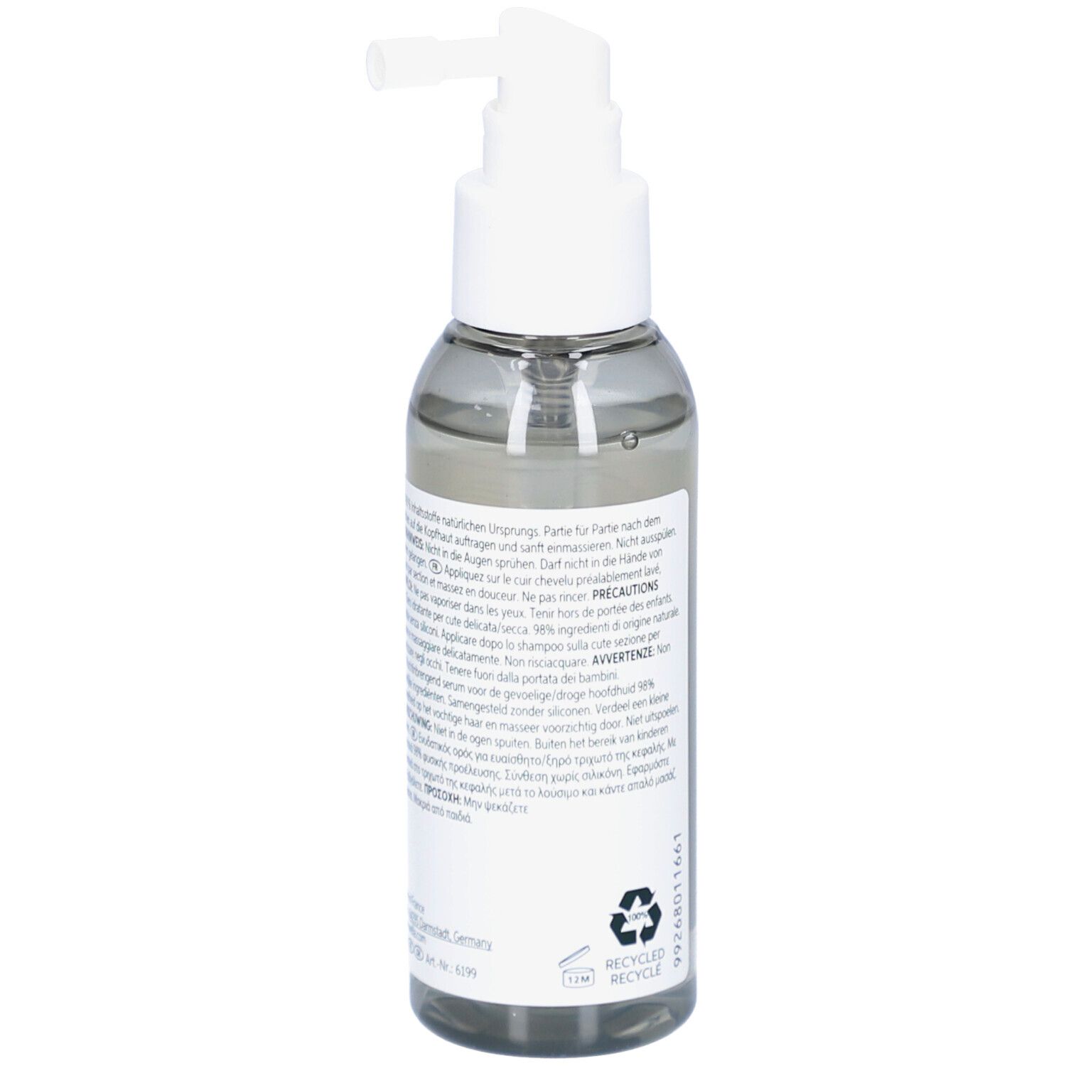 Dos d'un flacon transparent avec pompe blanche. Texte sur étiquette verte et blanche. Symbole de recyclage.