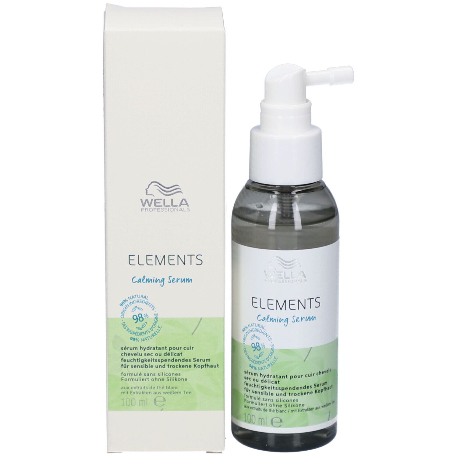 Flacon et boîte. Flacon: transparent avec pompe blanche. Inscription: ELEMENTS Calming Serum. Boîte: blanche.