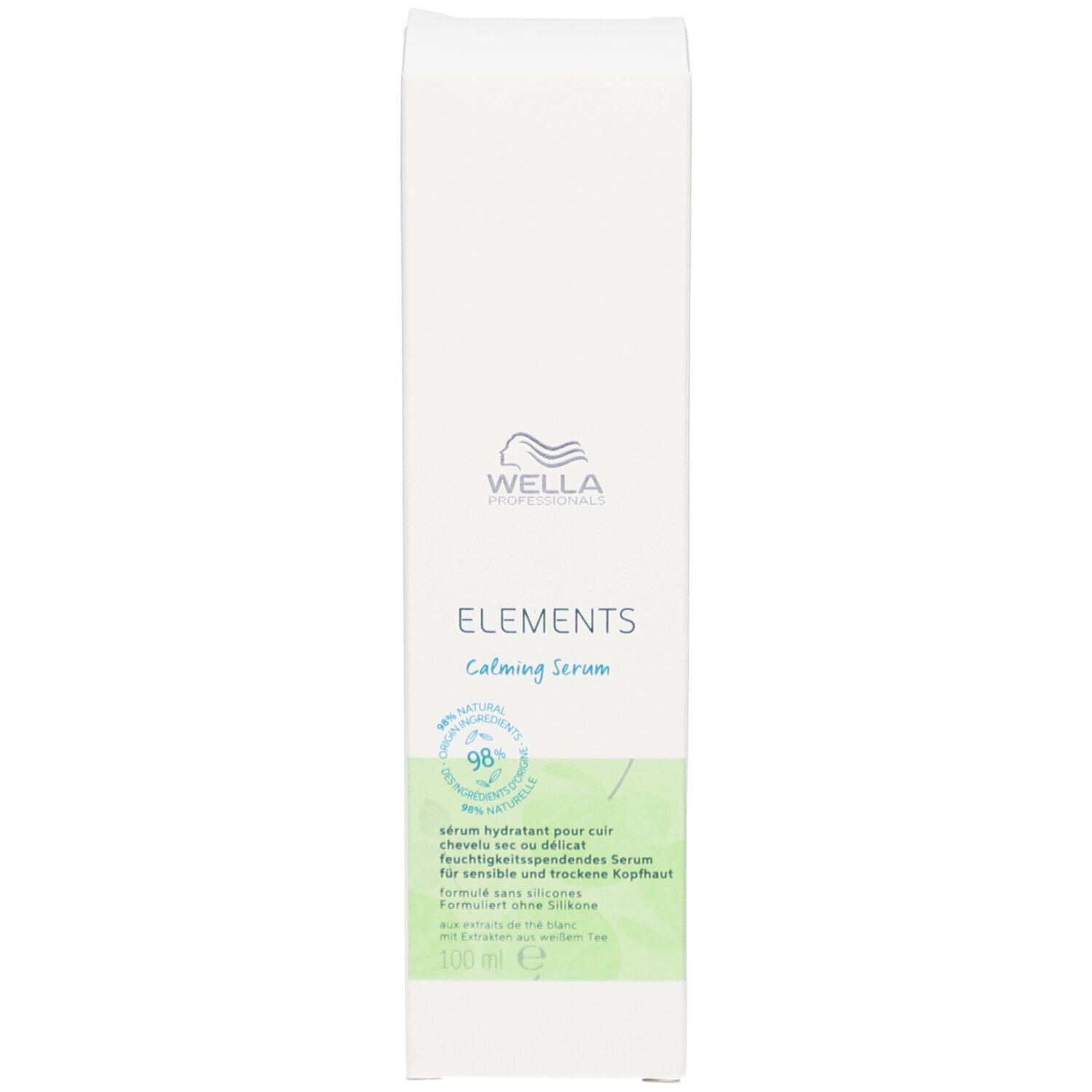 Boîte blanche avec inscription: ELEMENTS Calming Serum. Étiquette verte et blanche avec texte. Logo.