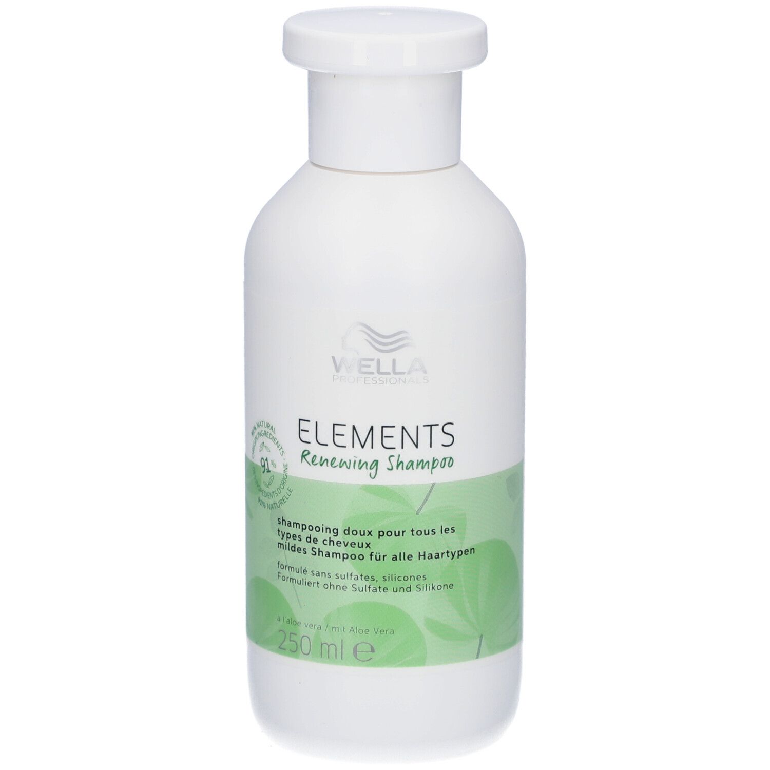 Flacon blanc de Shampooing Wella Professionals Elements Renewing Shampooing. Étiquettes vertes avec texte et logo. 250 ml.