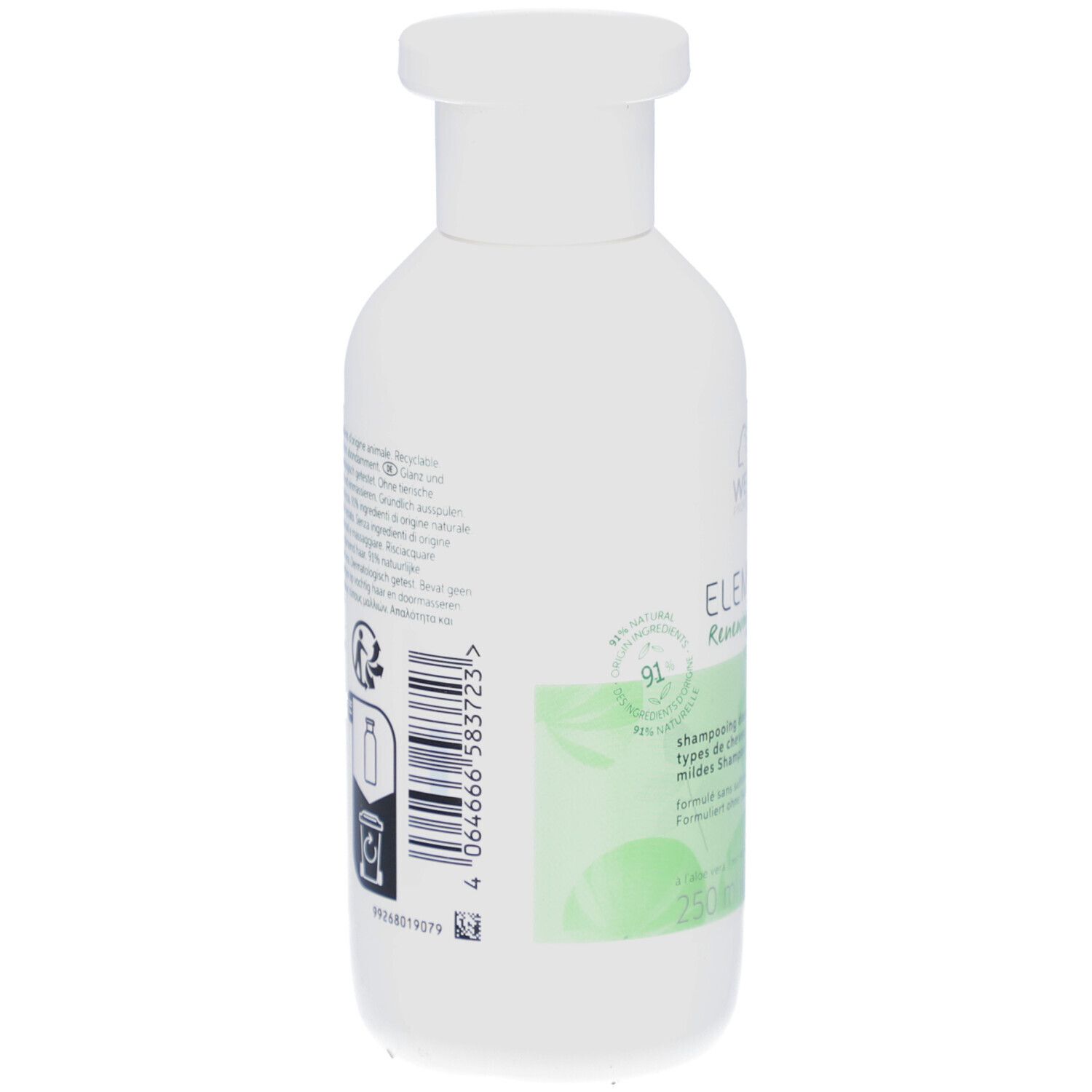 Dos du flacon de shampooing blanc. Texte et logos sur l'étiquette. Symbole de recyclage et code-barres.