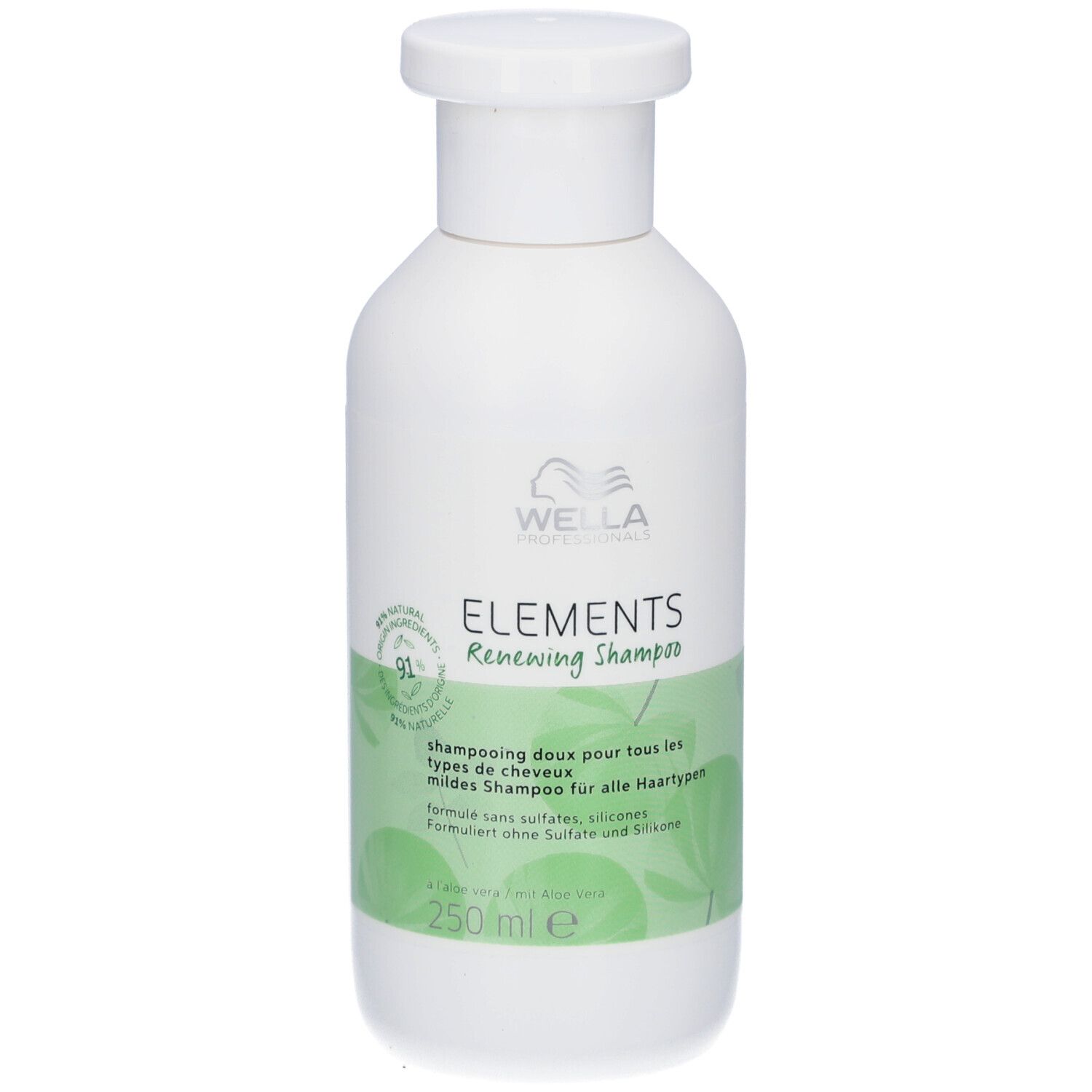 Flacon de shampooing blanc avec étiquette verte. Texte et logo. 250 ml. Sans sulfates ni silicones.