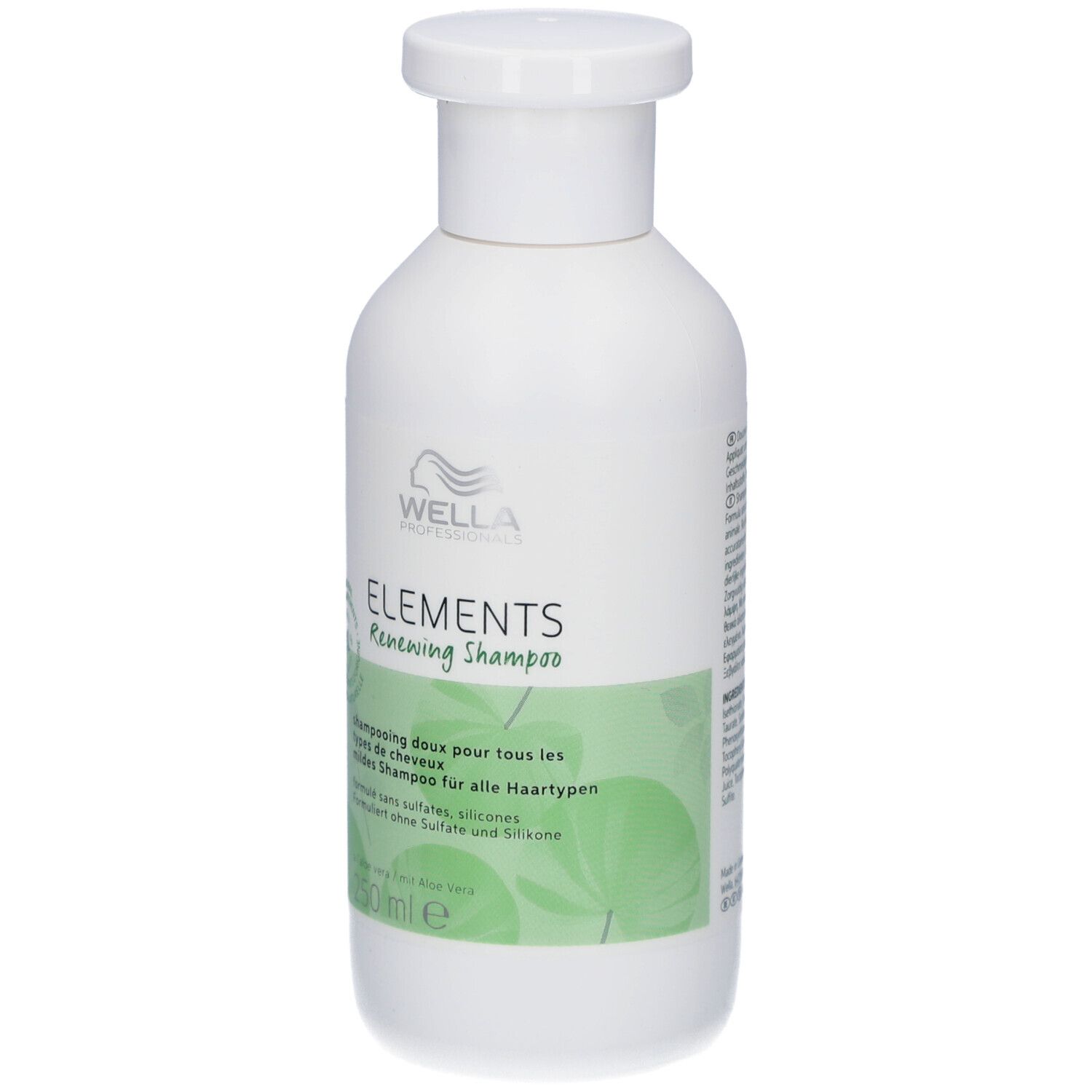 Flacon de shampooing blanc avec étiquette verte. Texte et logo. 250 ml. Sans sulfates ni silicones.