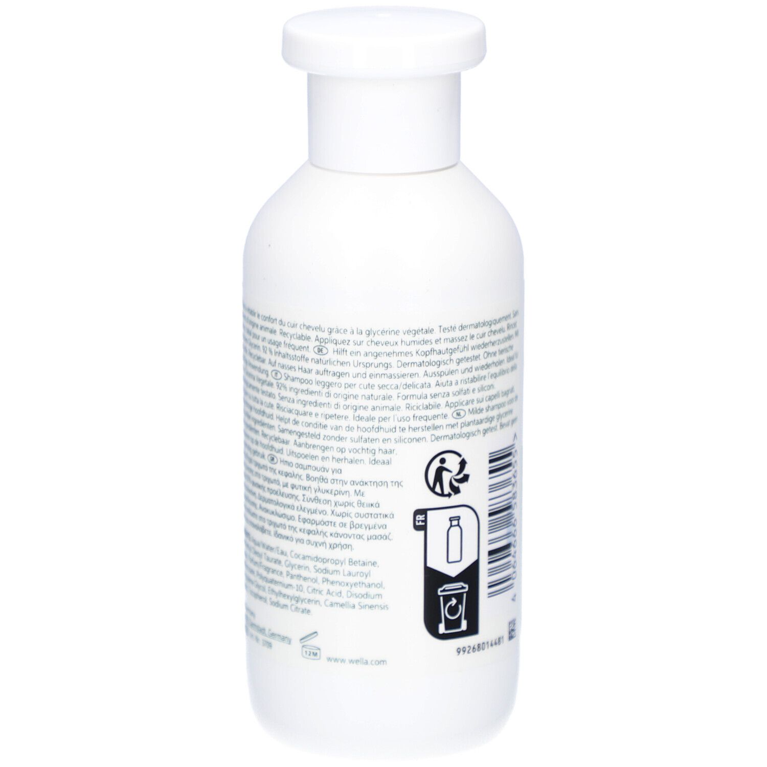 Dos d'un flacon de shampooing blanc. Étiquette avec texte et code-barres. Inscription : Wella Elements Calming Shampoo.