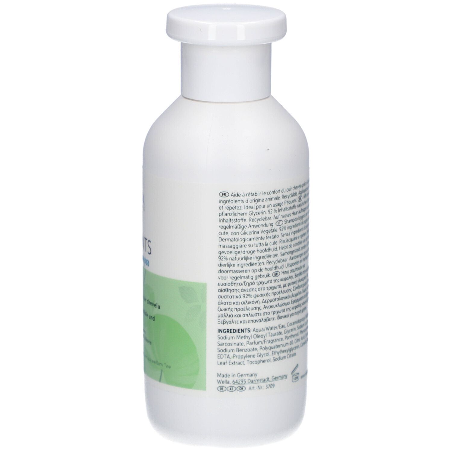 Dos d'un flacon de shampooing blanc. Étiquette avec texte. Inscription : Wella Elements Calming Shampoo. Ingrédients.
