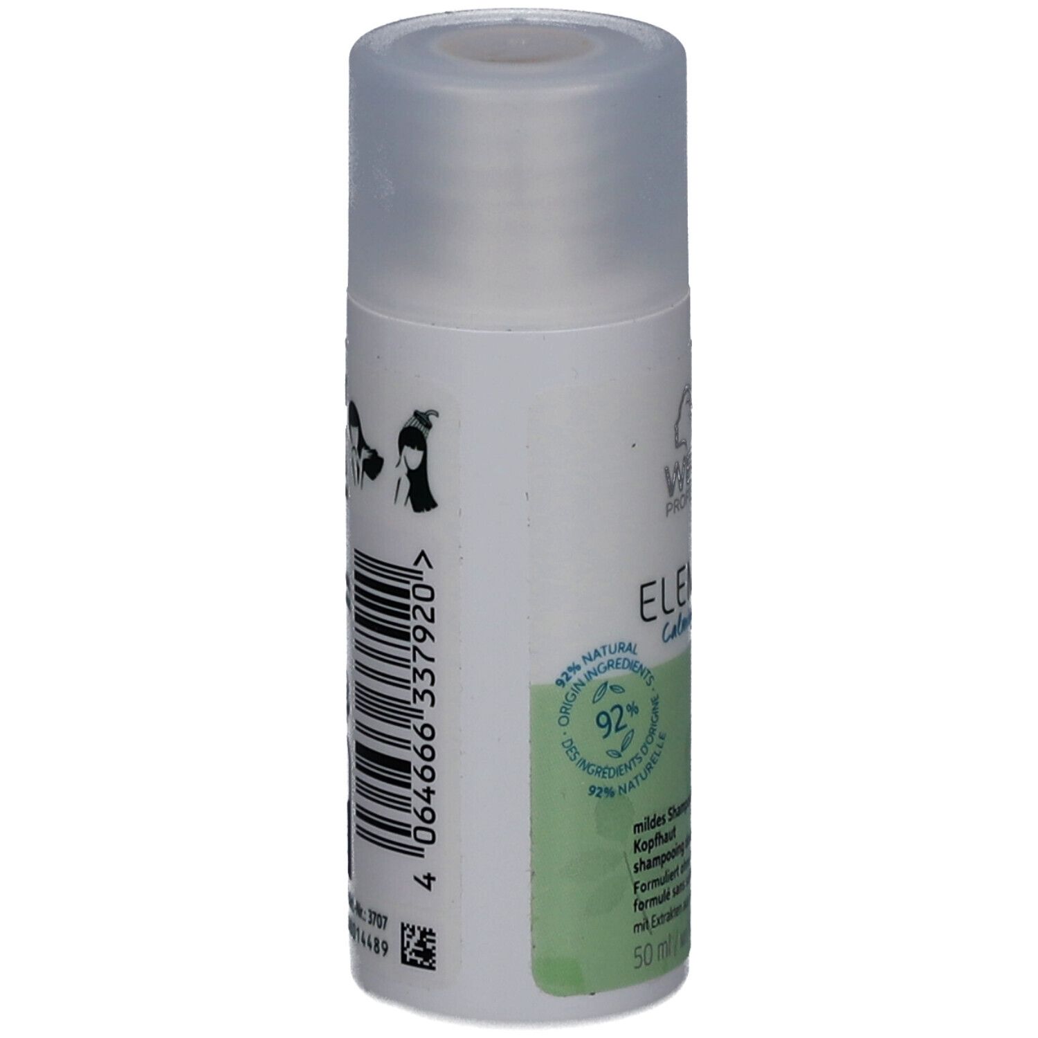 Dos du flacon blanc. Code-barres, informations produit et logo. 92% ingrédients naturels. Bouchon transparent.